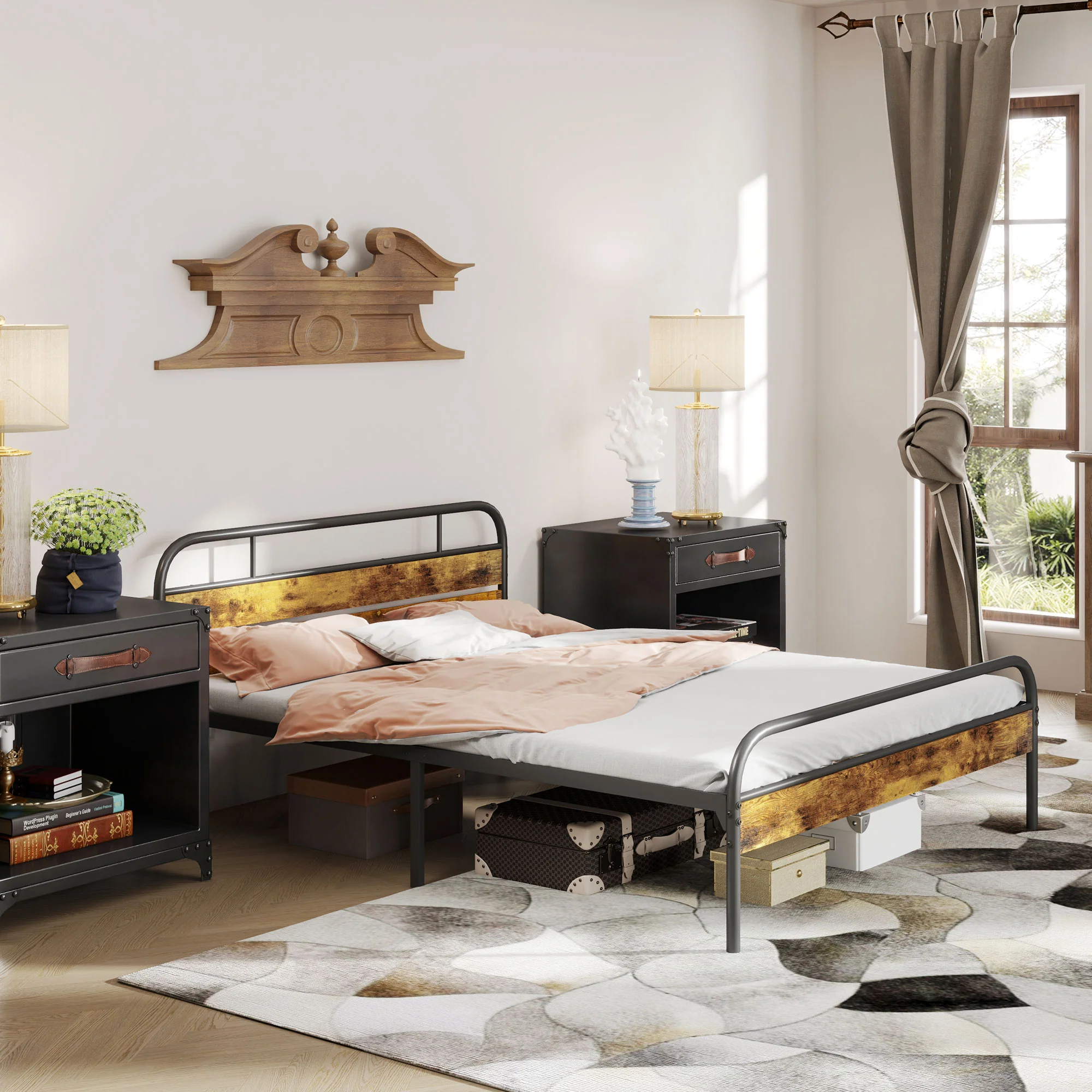 HOMCOM King Bed Frame With Headboard, No Box Spring Needed, Rustic Brown - Image 2