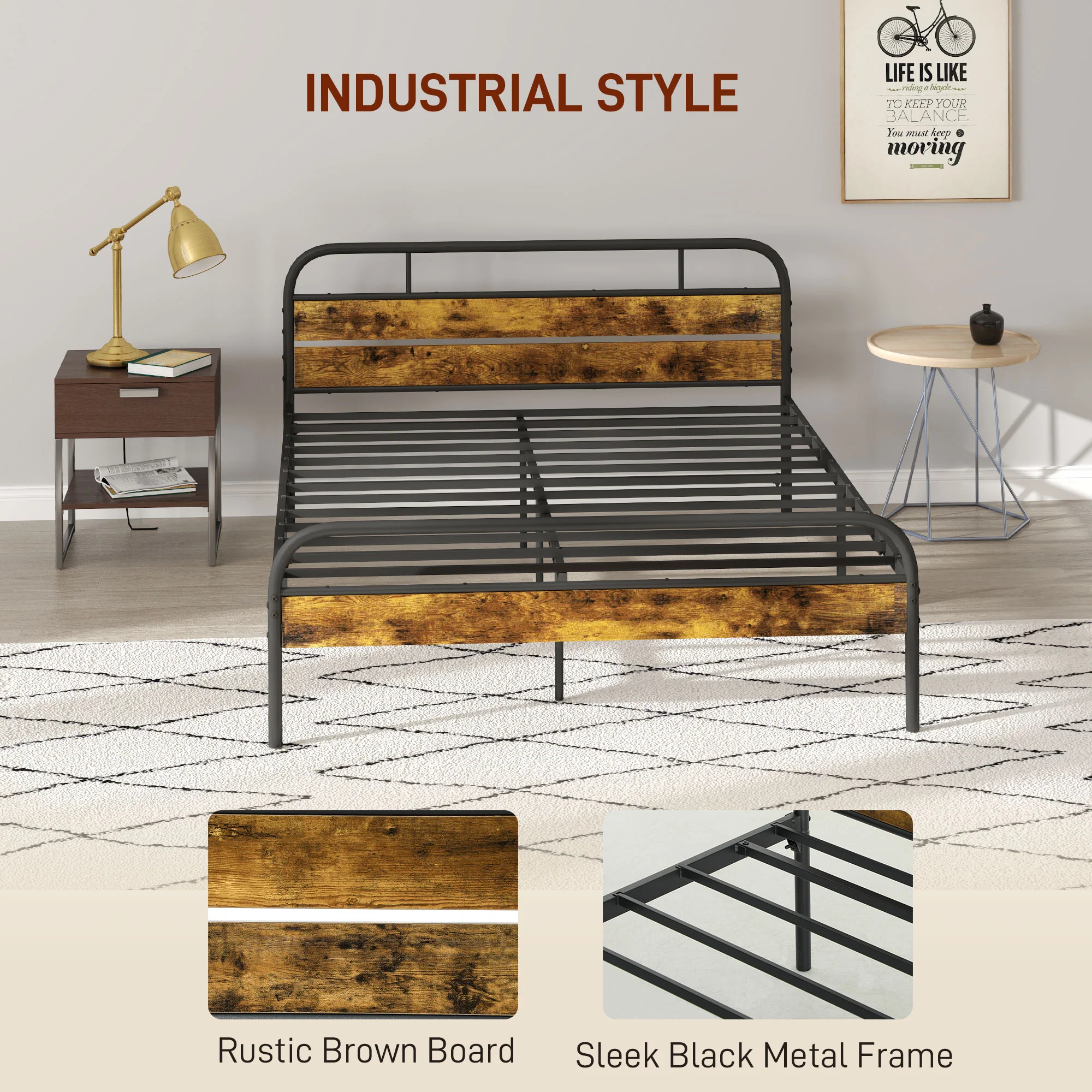 HOMCOM King Bed Frame With Headboard, No Box Spring Needed, Rustic Brown - Image 3