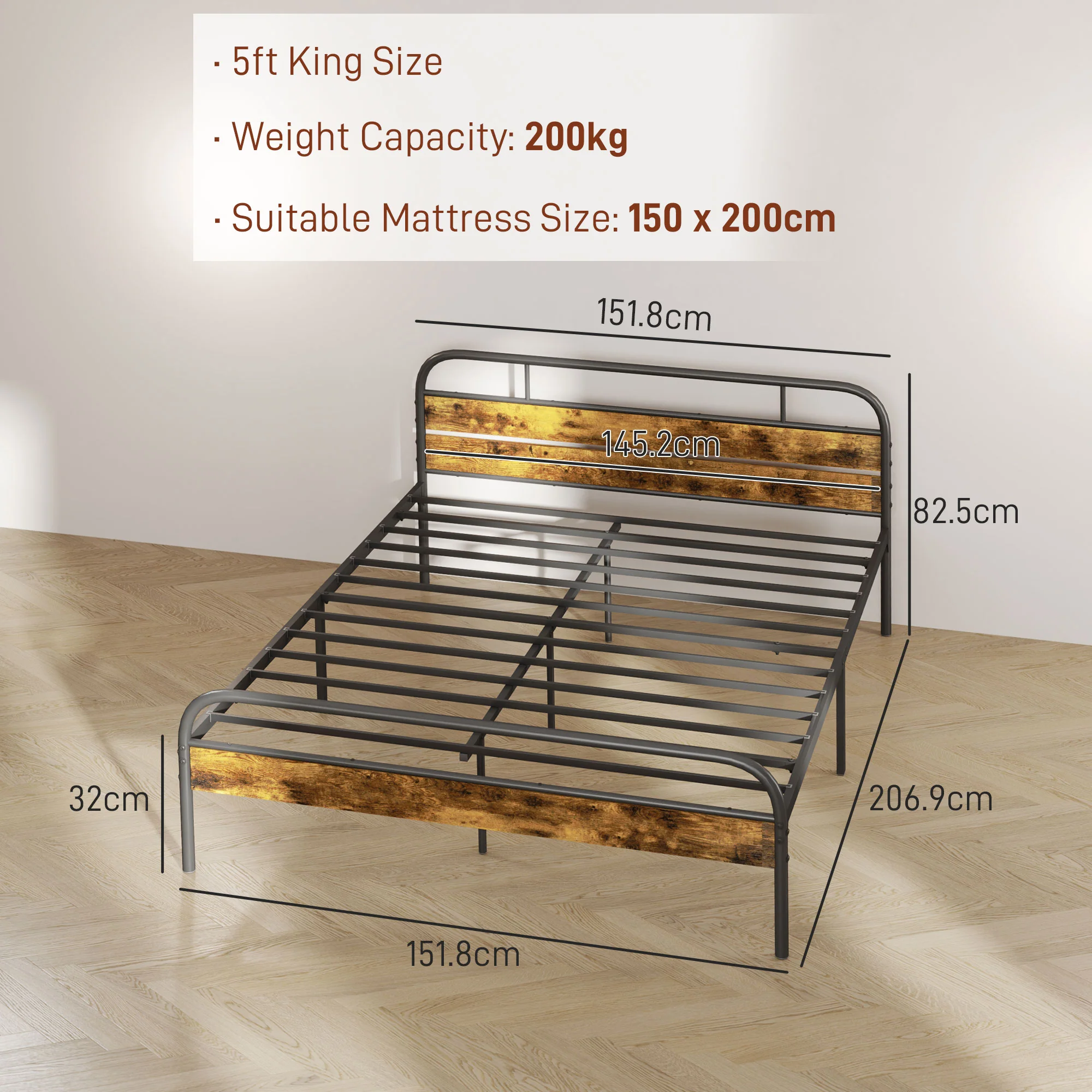 HOMCOM King Bed Frame With Headboard, No Box Spring Needed, Rustic Brown - Image 5