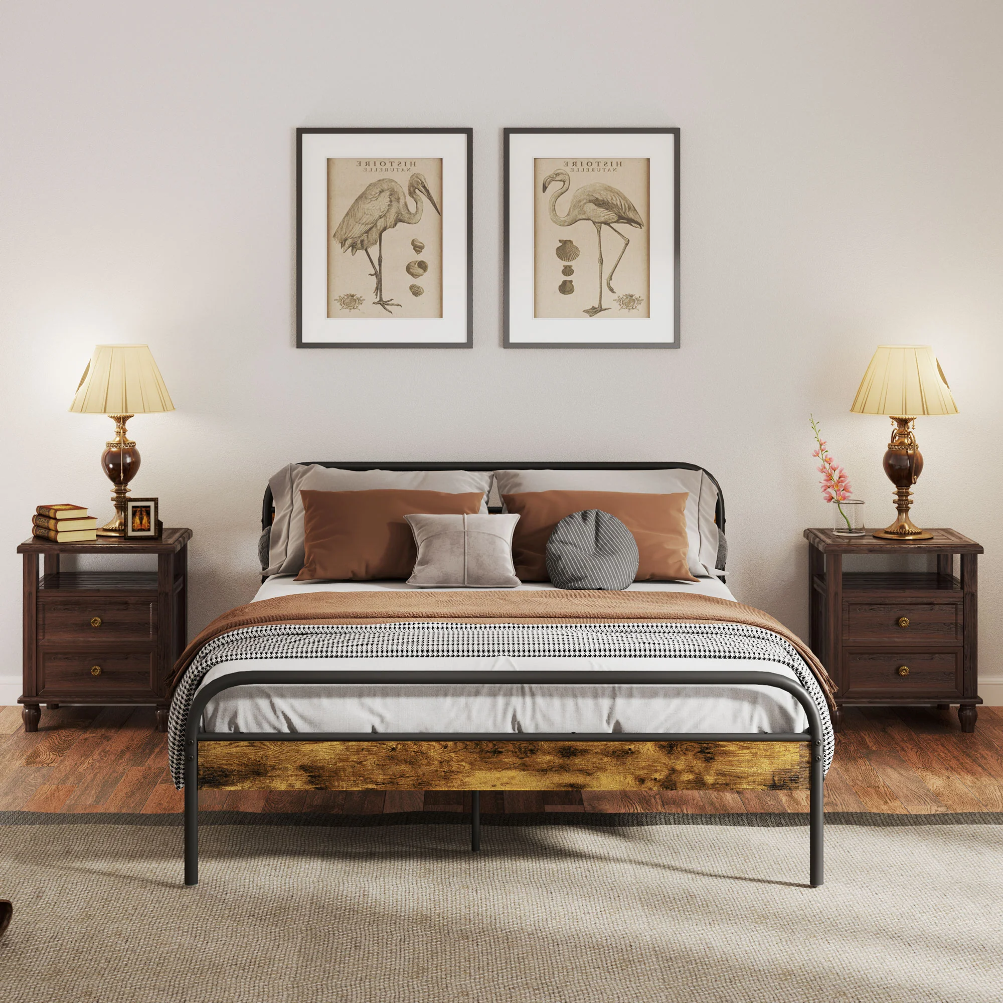 HOMCOM King Bed Frame With Headboard, No Box Spring Needed, Rustic Brown - Image 7