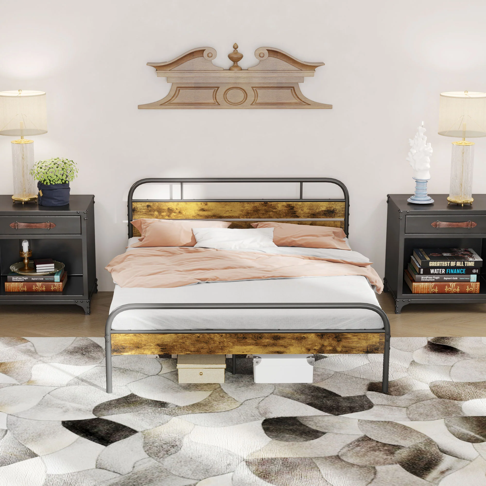 HOMCOM King Bed Frame With Headboard, No Box Spring Needed, Rustic Brown - Image 8