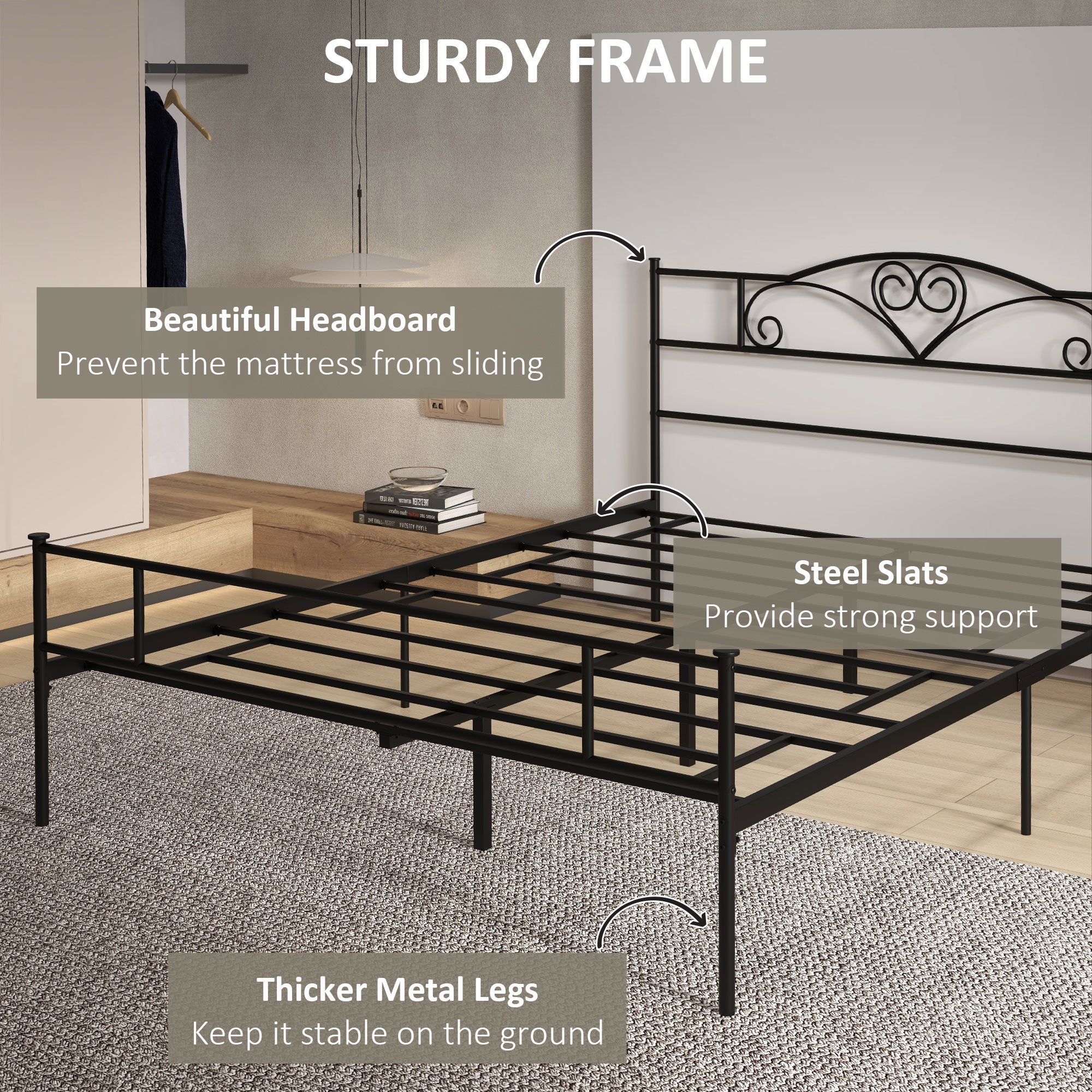 HOMCOM King Metal Bed Frame w/ Headboard and Footboard, 31cm Under-bed Space - Image 6