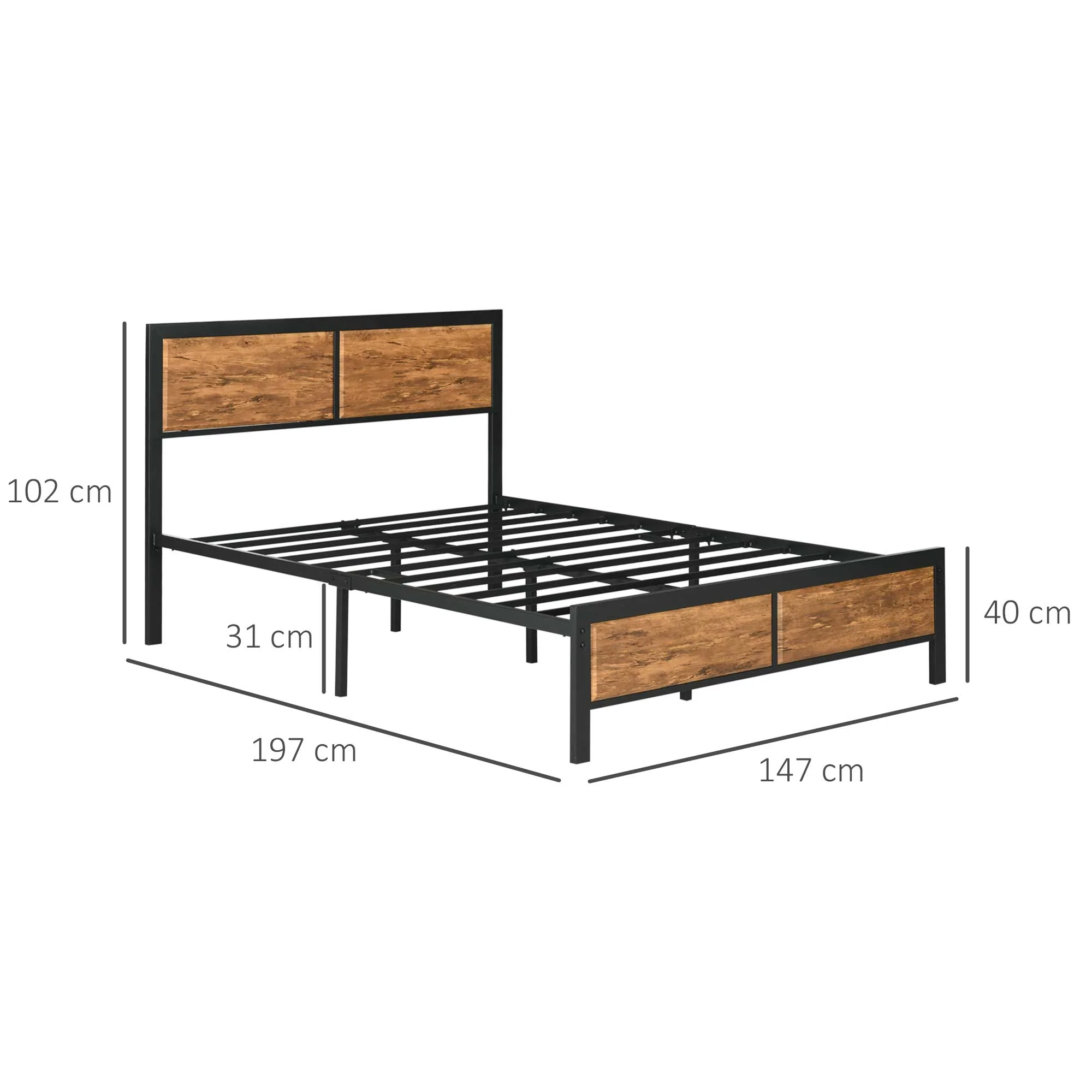 HOMCOM King Size Bed Frame Steel Bed Base with Headboard 160 x 207cm Brown - Image 5