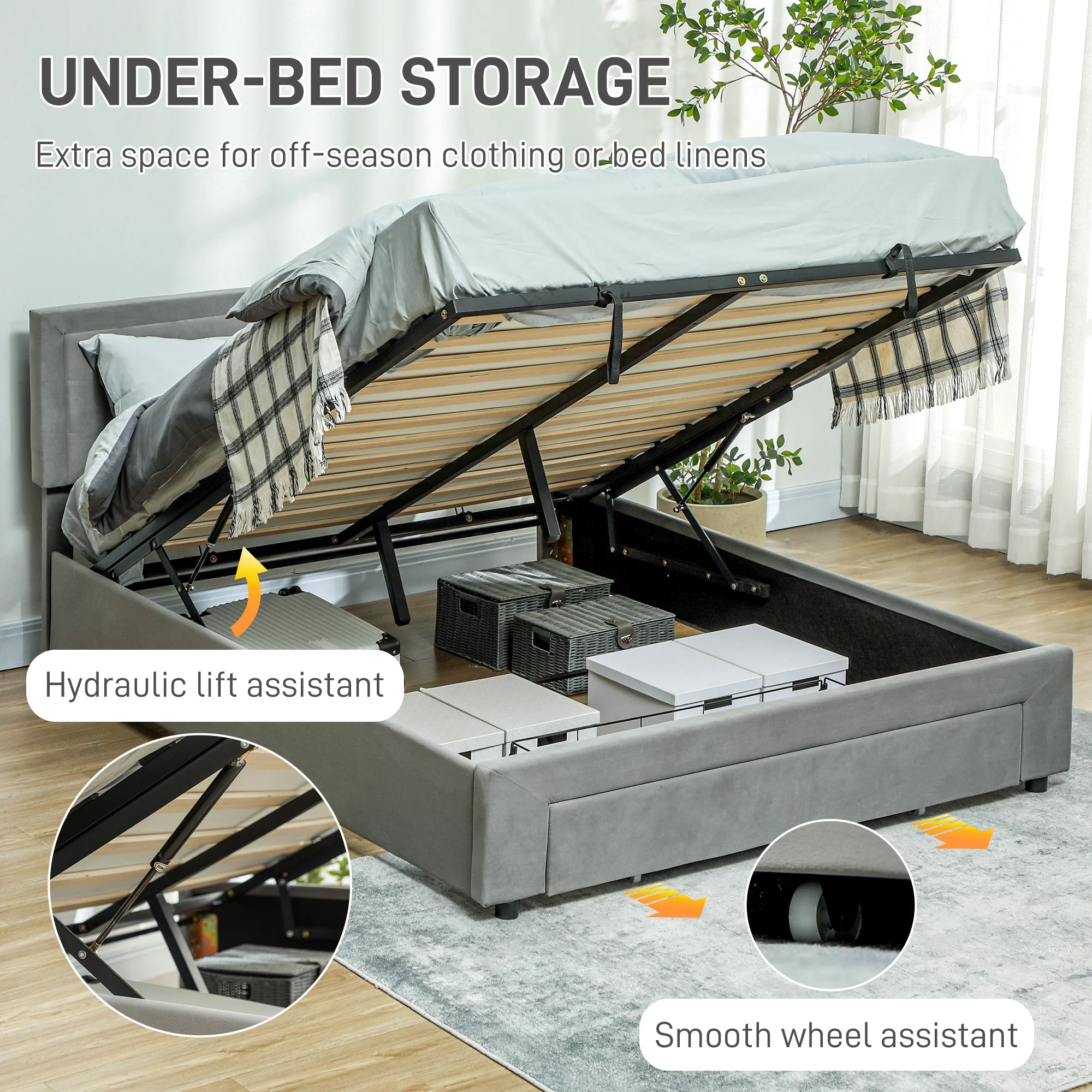 HOMCOM King Size Bed Frame With Storage And Adjustable Velvet Headboard - Image 3