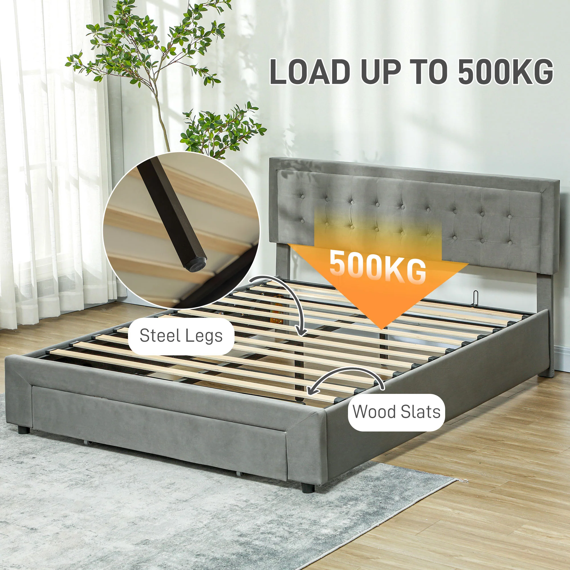 HOMCOM King Size Bed Frame With Storage And Adjustable Velvet Headboard - Image 6