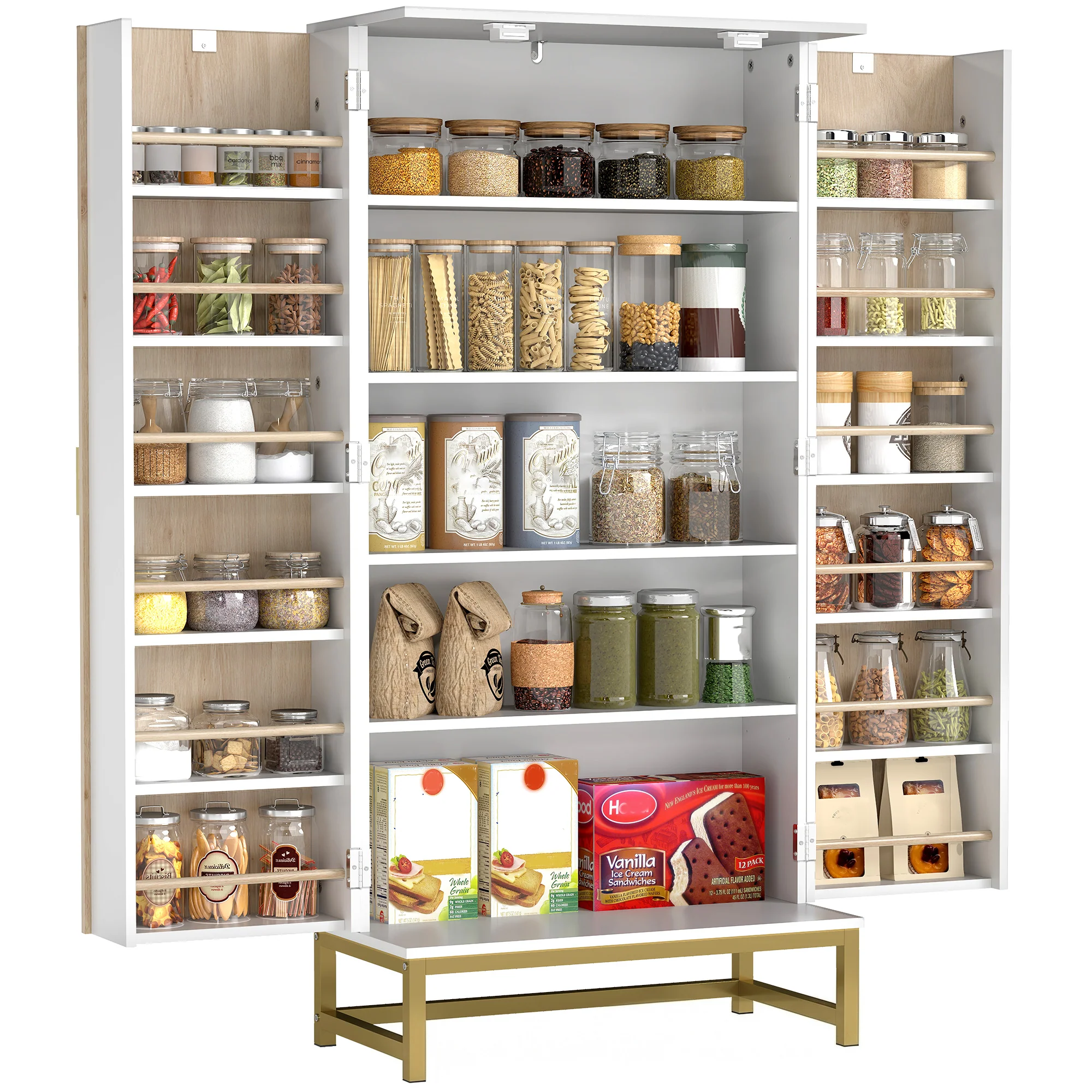 HOMCOM Kitchen Cabinet with Double Doors, 5 Tiers, 12 Spice Racks, White