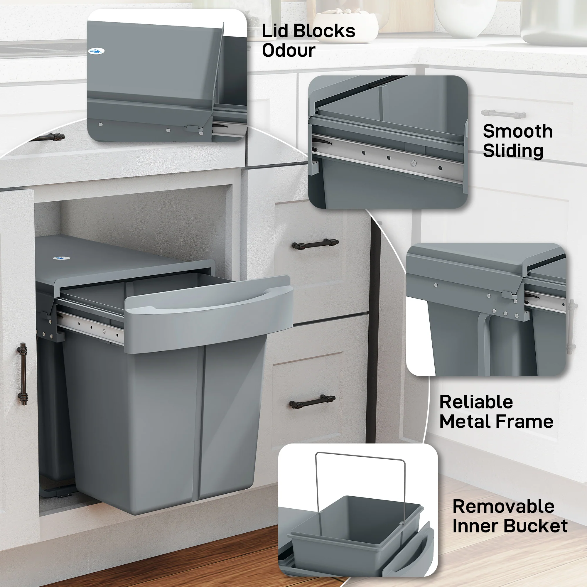 HOMCOM Kitchen Cupboard Bin with 40L Dual Compartment, Pull Out Bin, Grey - Image 8