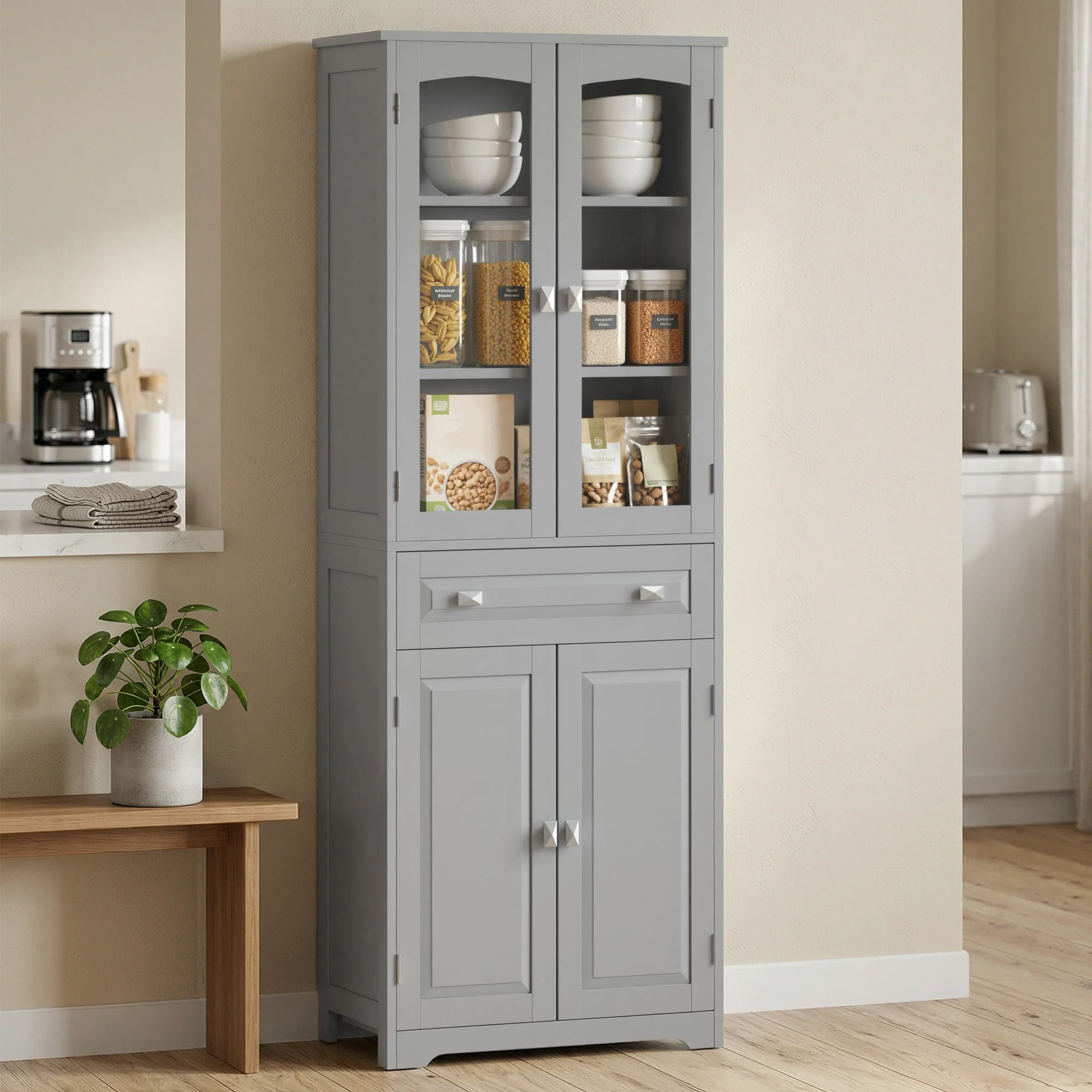 HOMCOM Kitchen Cupboard Storage Cabinet Adjustable Shelves, Glass Door, Grey - Image 2