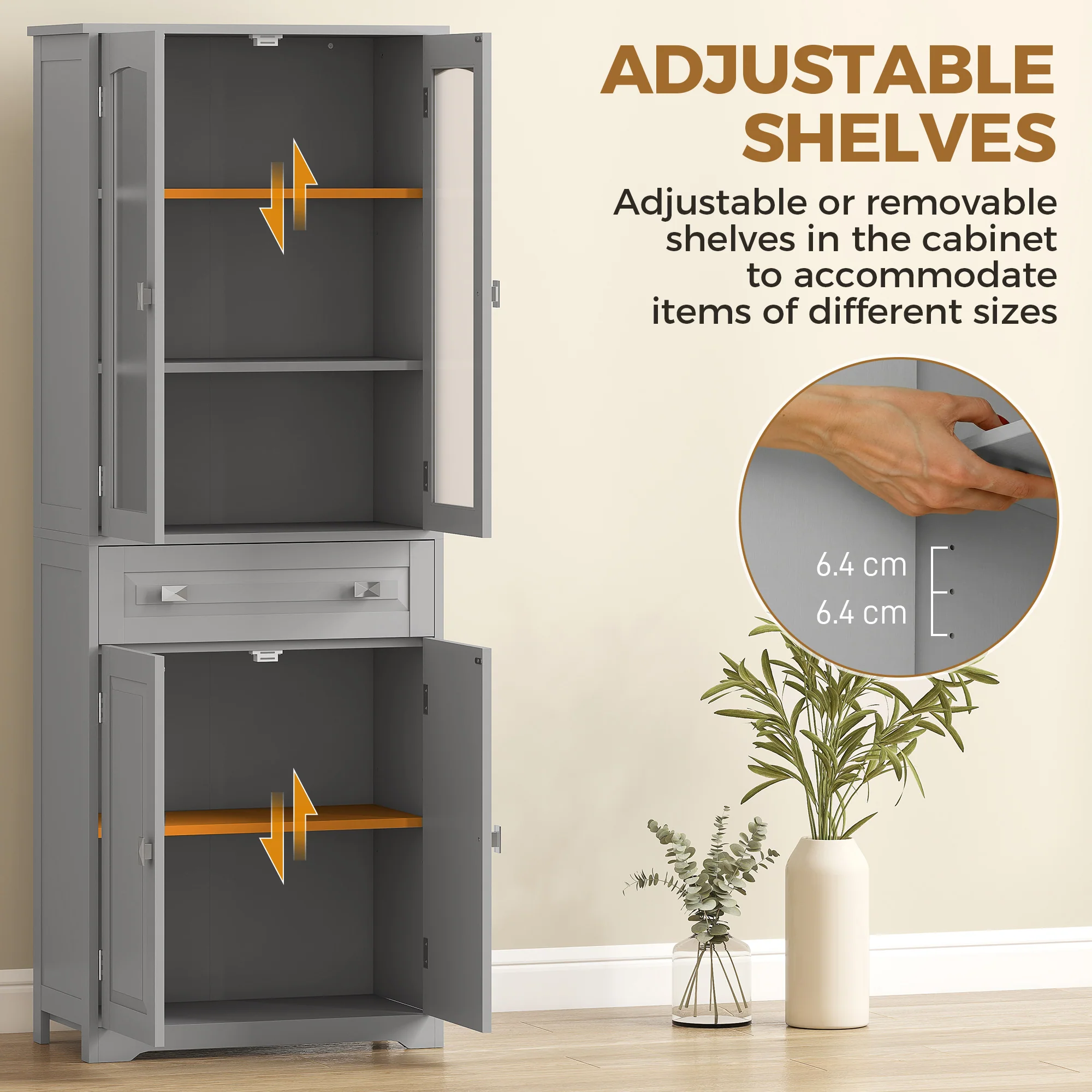 HOMCOM Kitchen Cupboard Storage Cabinet Adjustable Shelves, Glass Door, Grey - Image 4