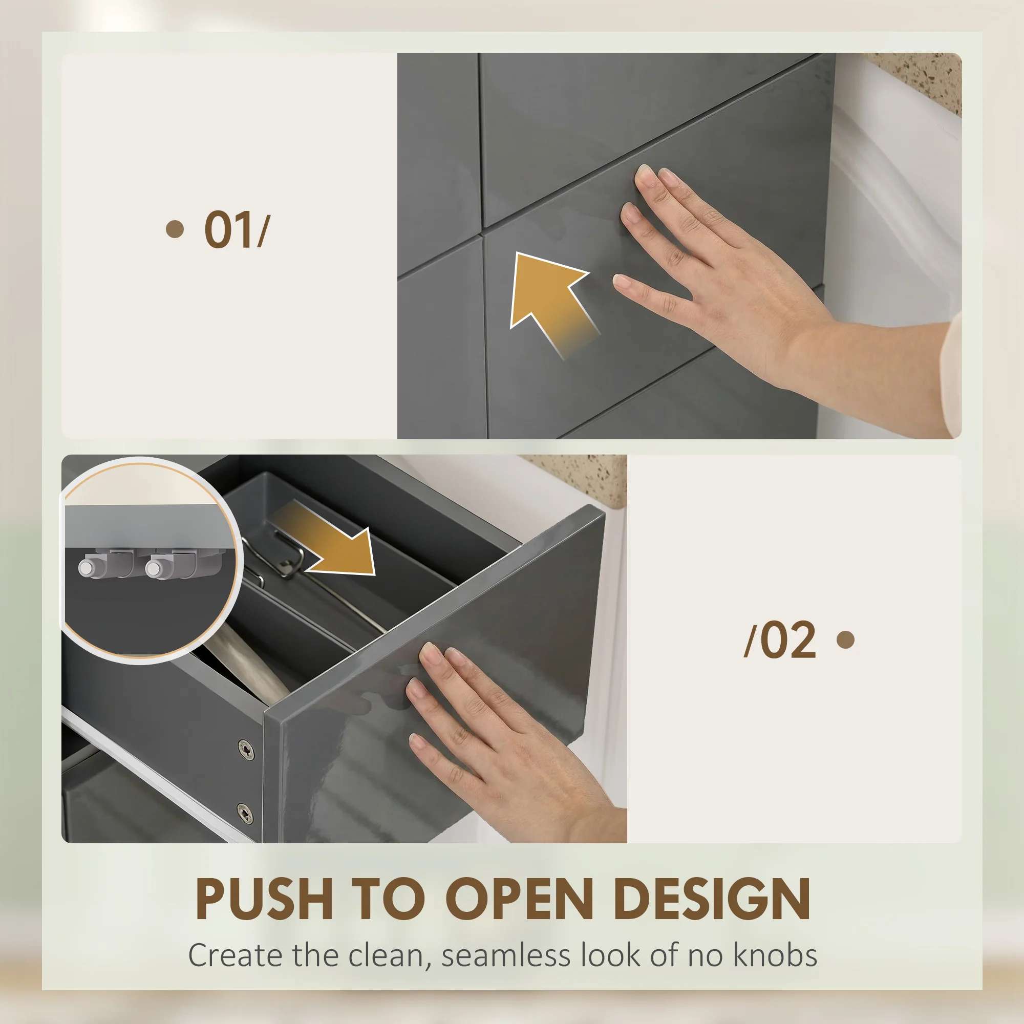 HOMCOM Kitchen Cupboard Storage Cabinet Push Open Doors and Drawers, Grey - Image 6