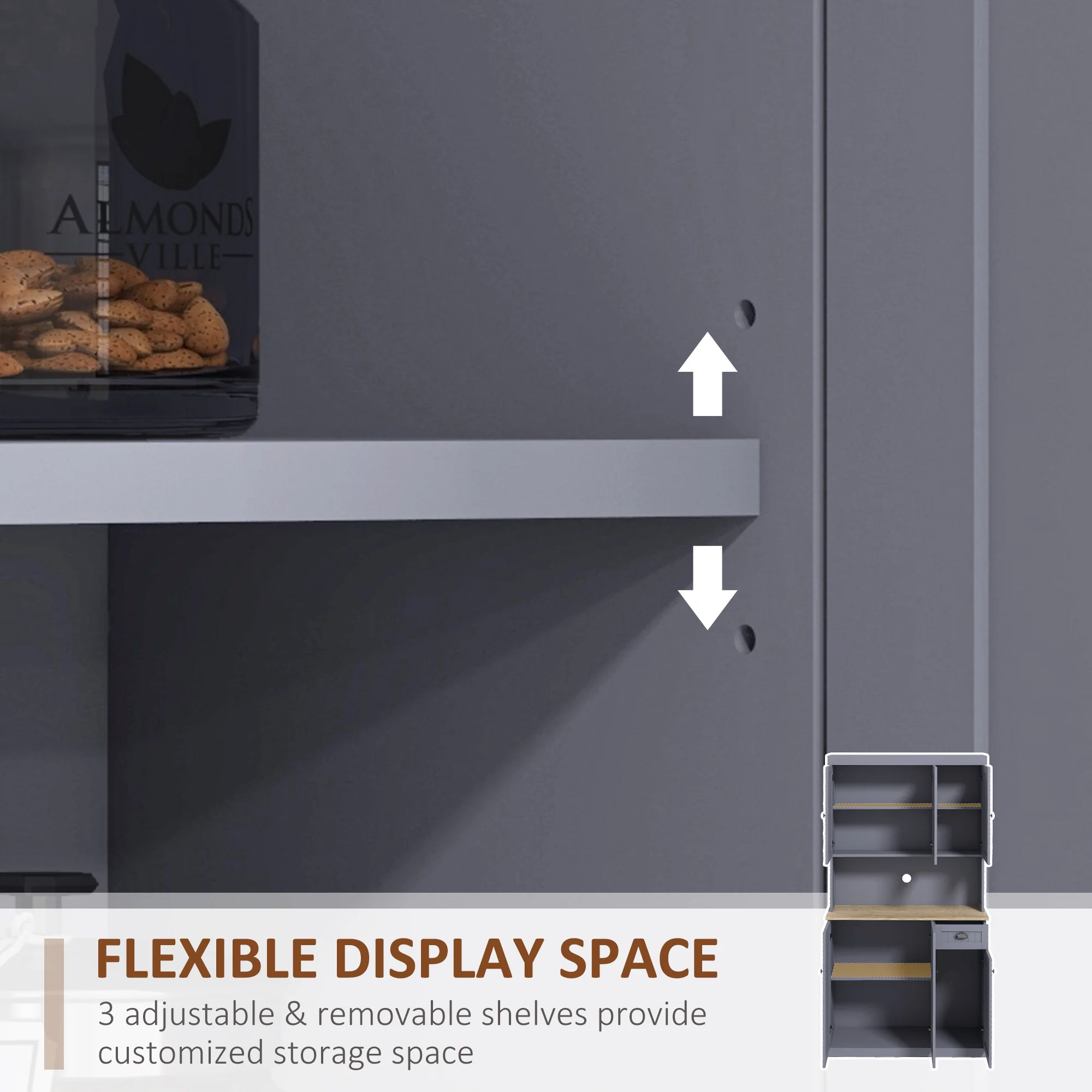 HOMCOM Kitchen Cupboard Storage Cabinet With Adjustable Shelves, Grey - Image 6
