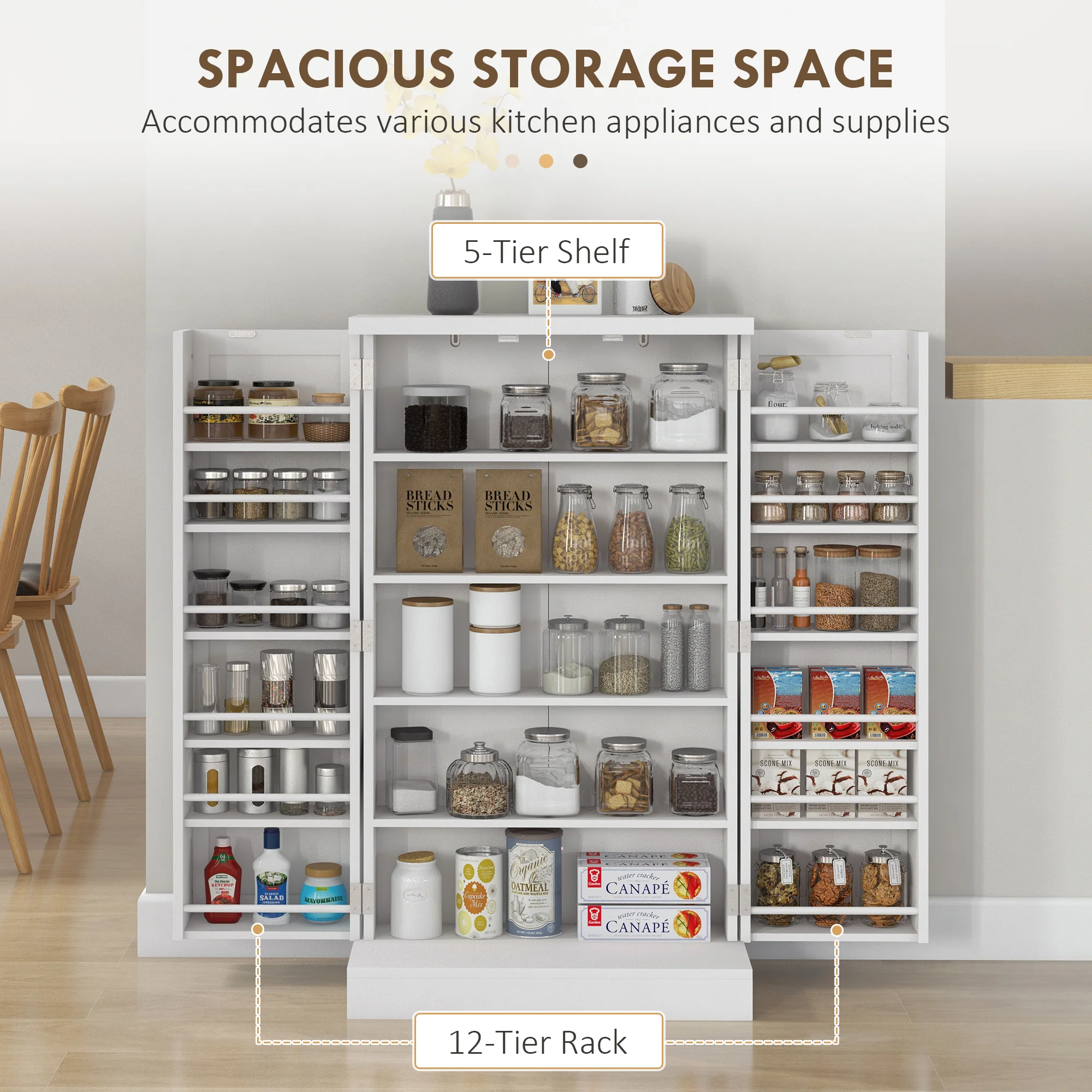 HOMCOM Kitchen Cupboard With Double Doors, 5-Tier Shelf, 12 Spice Racks, White - Image 3