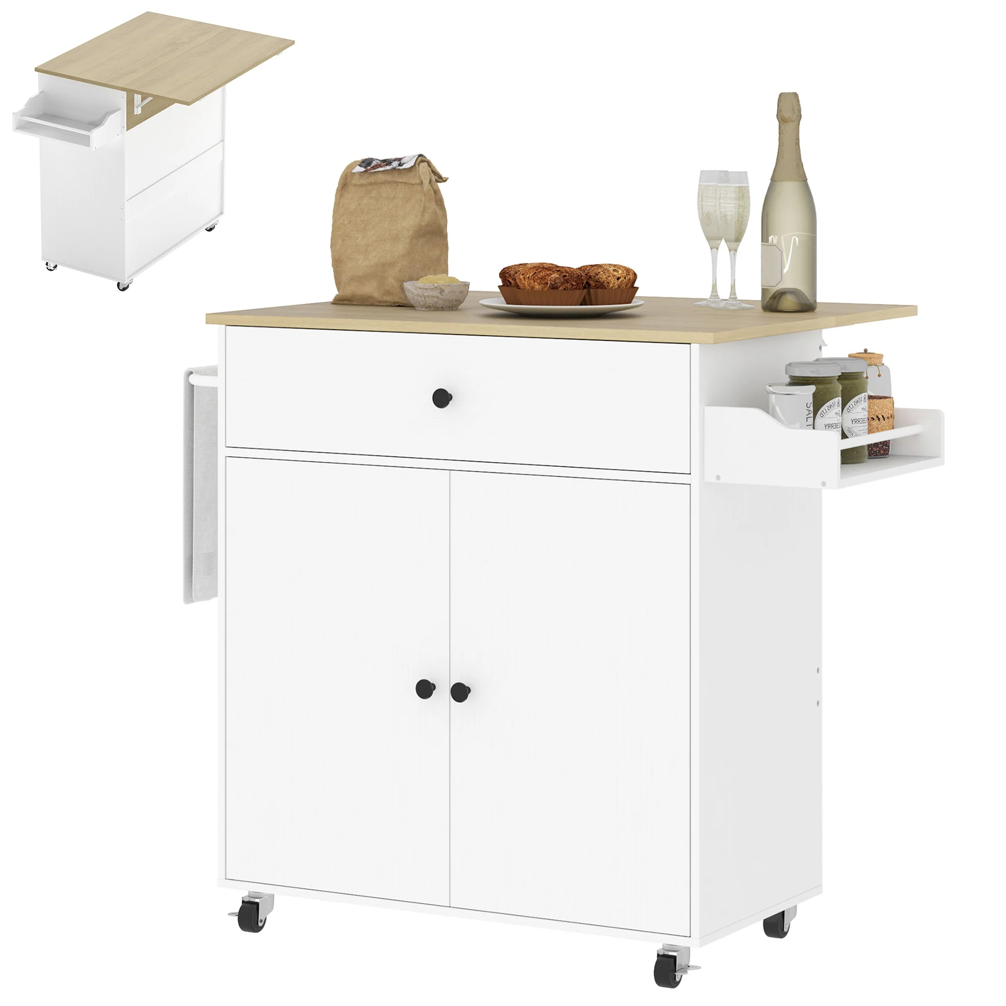 HOMCOM Kitchen Island With Drop Leaf, Rolling Kitchen Storage Trolley, White