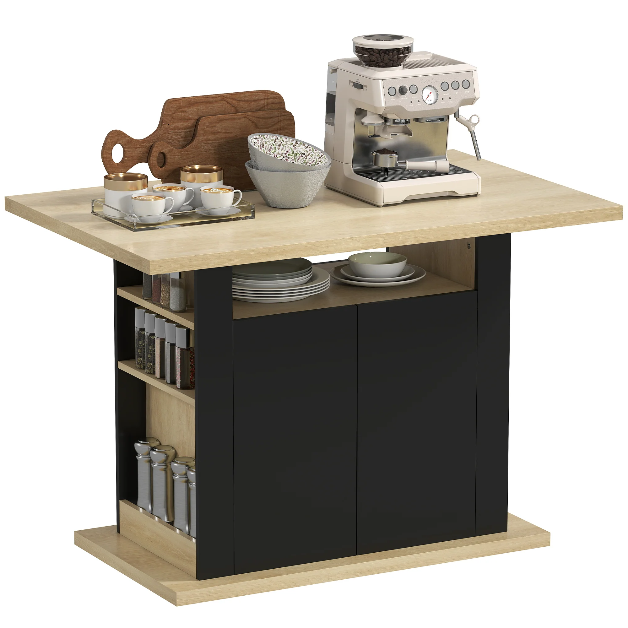 HOMCOM Kitchen Island With Storage Cabinet And Spice Rack, Black & Natural