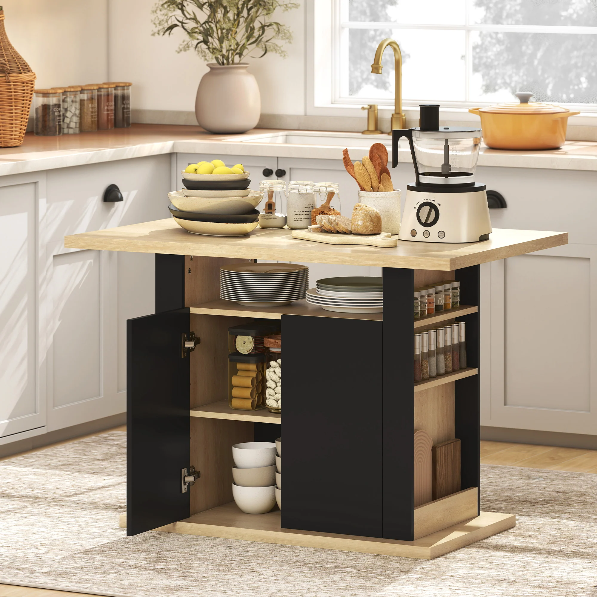 HOMCOM Kitchen Island With Storage Cabinet And Spice Rack, Black & Natural - Image 2