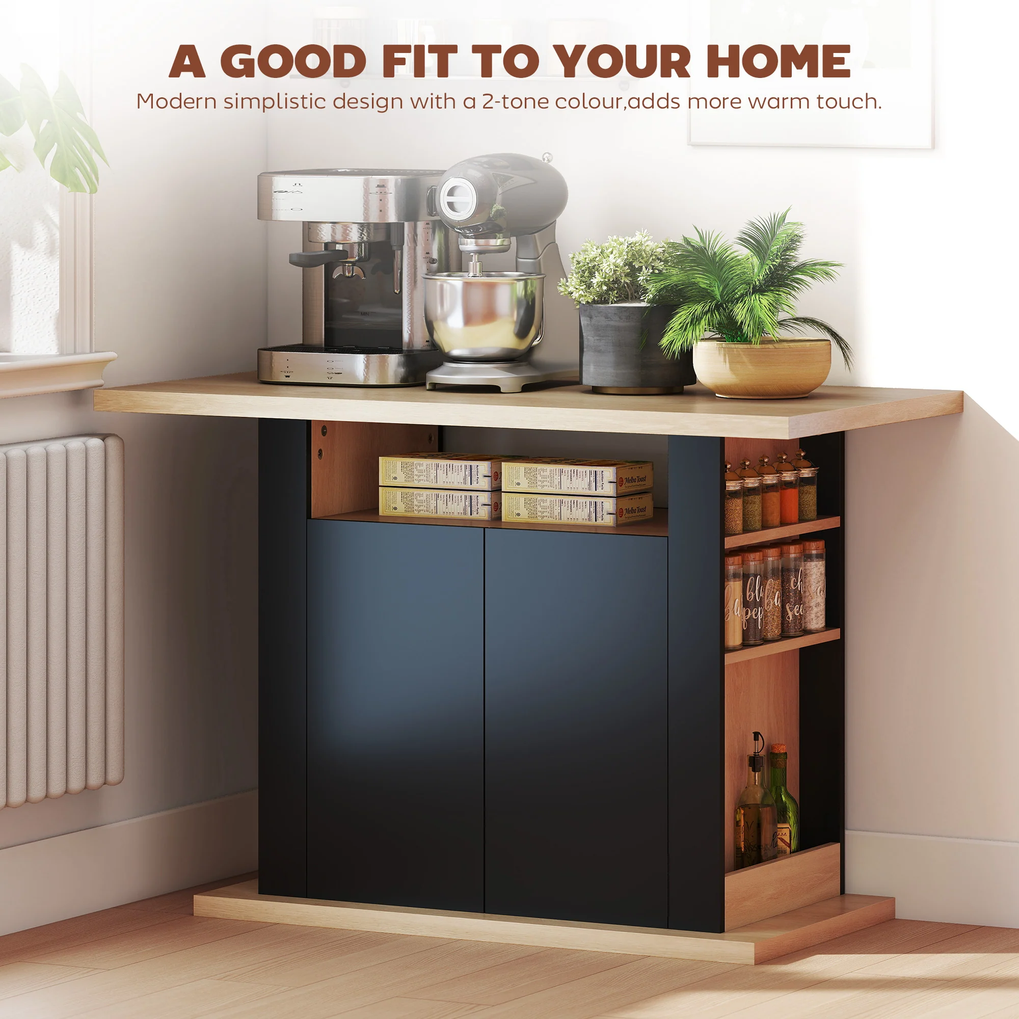 HOMCOM Kitchen Island With Storage Cabinet And Spice Rack, Black & Natural - Image 3