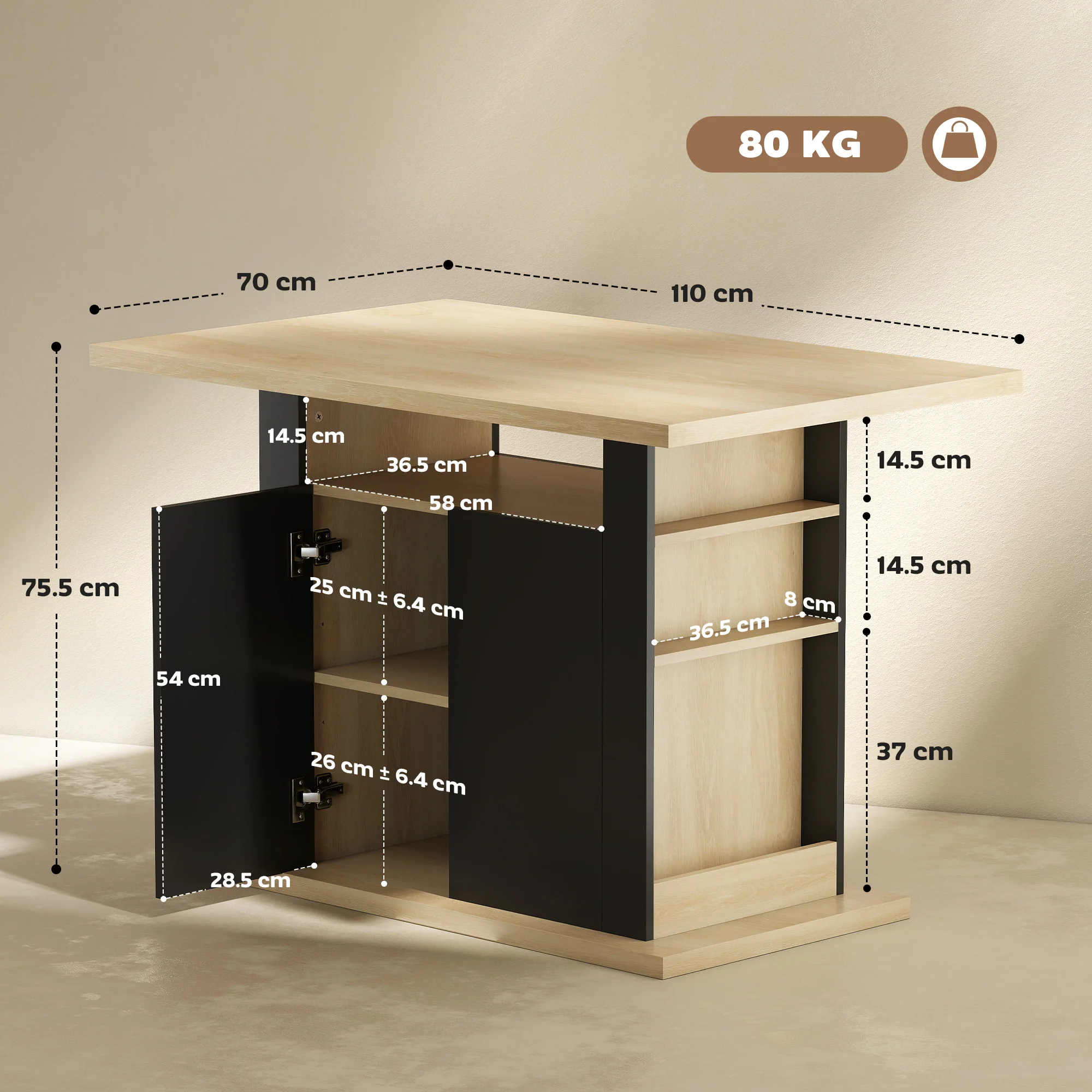 HOMCOM Kitchen Island With Storage Cabinet And Spice Rack, Black & Natural - Image 5