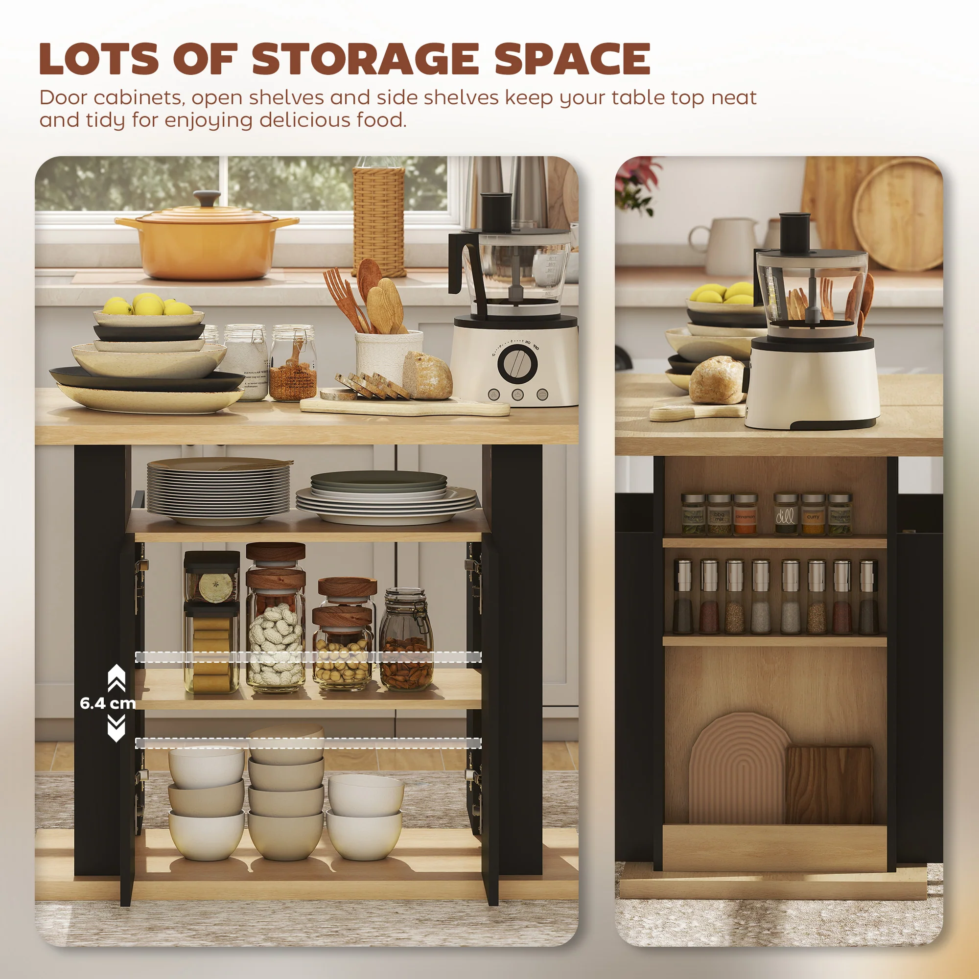 HOMCOM Kitchen Island With Storage Cabinet And Spice Rack, Black & Natural - Image 6