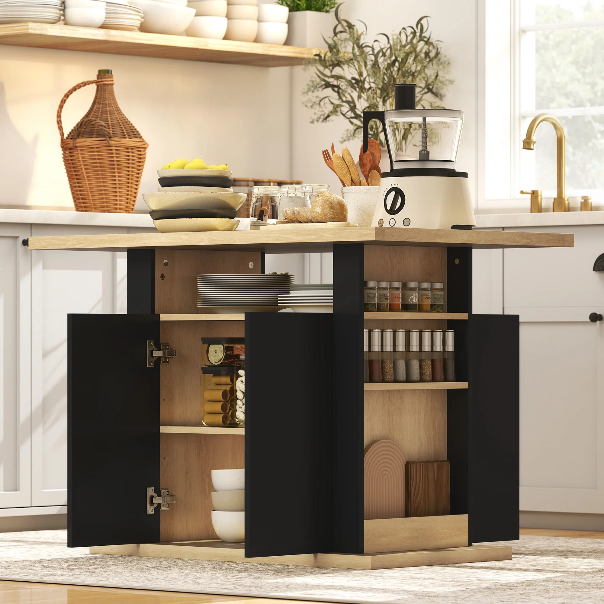 HOMCOM Kitchen Island With Storage Cabinet And Spice Rack, Black & Natural - Image 7