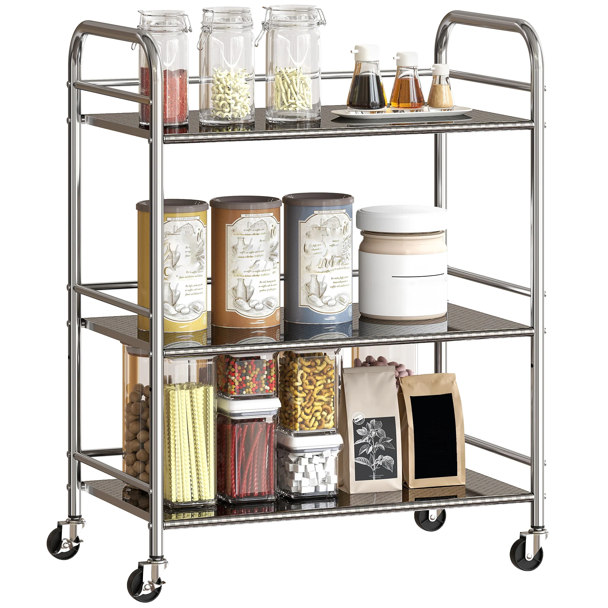 HOMCOM Kitchen Trolley on Wheels Serving Cart with Handles Silver