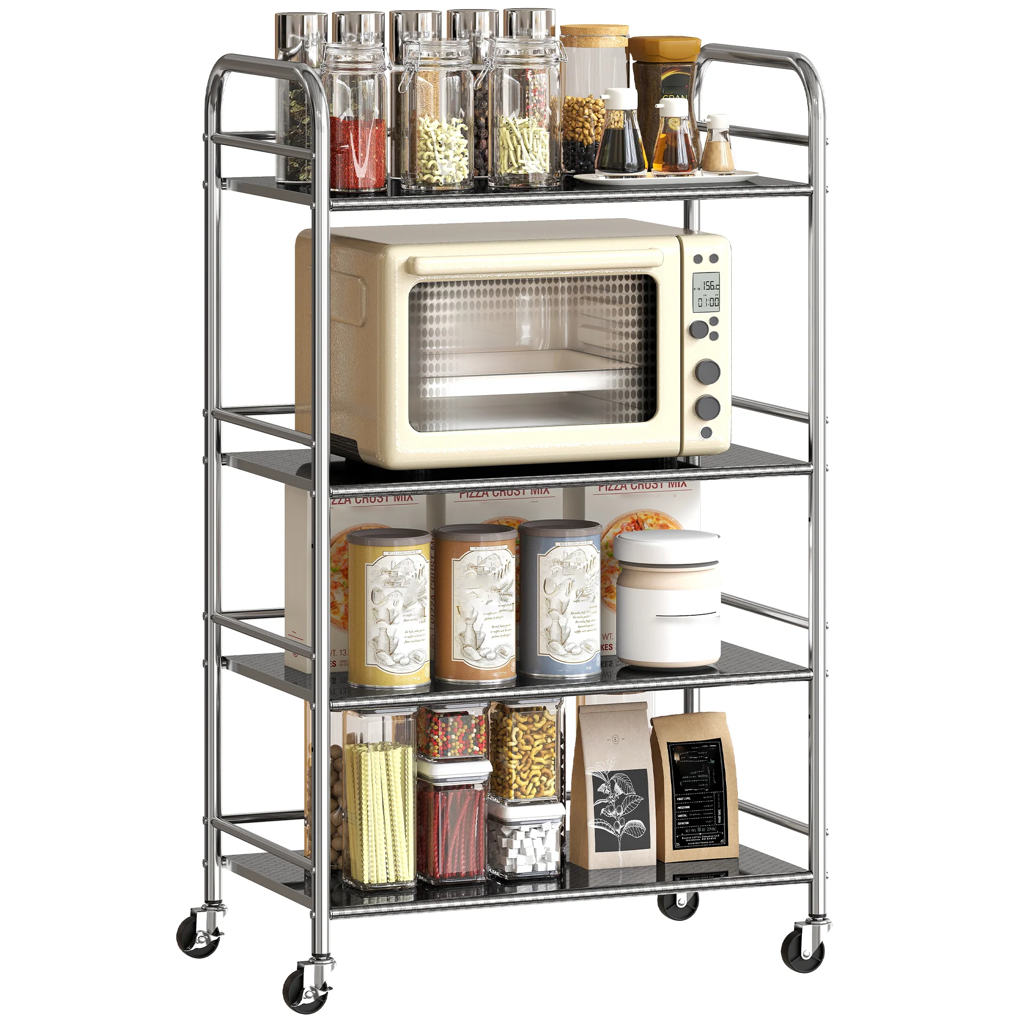 HOMCOM Kitchen Trolley on Wheels Serving Cart with Handles Silver - Image 10