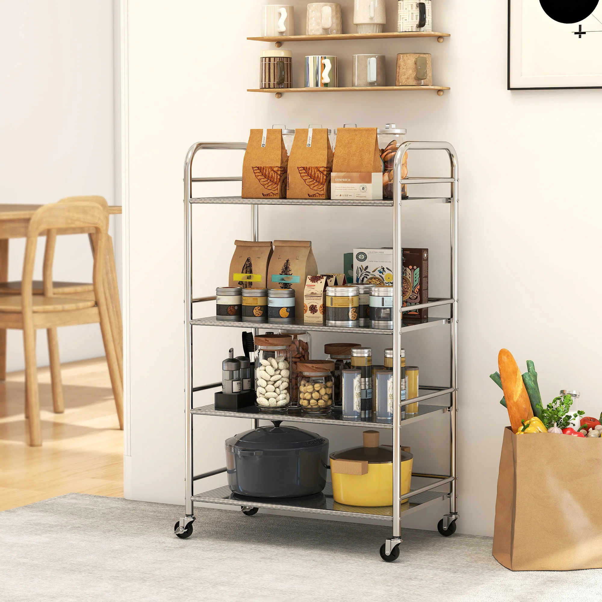 HOMCOM Kitchen Trolley on Wheels Serving Cart with Handles Silver - Image 11