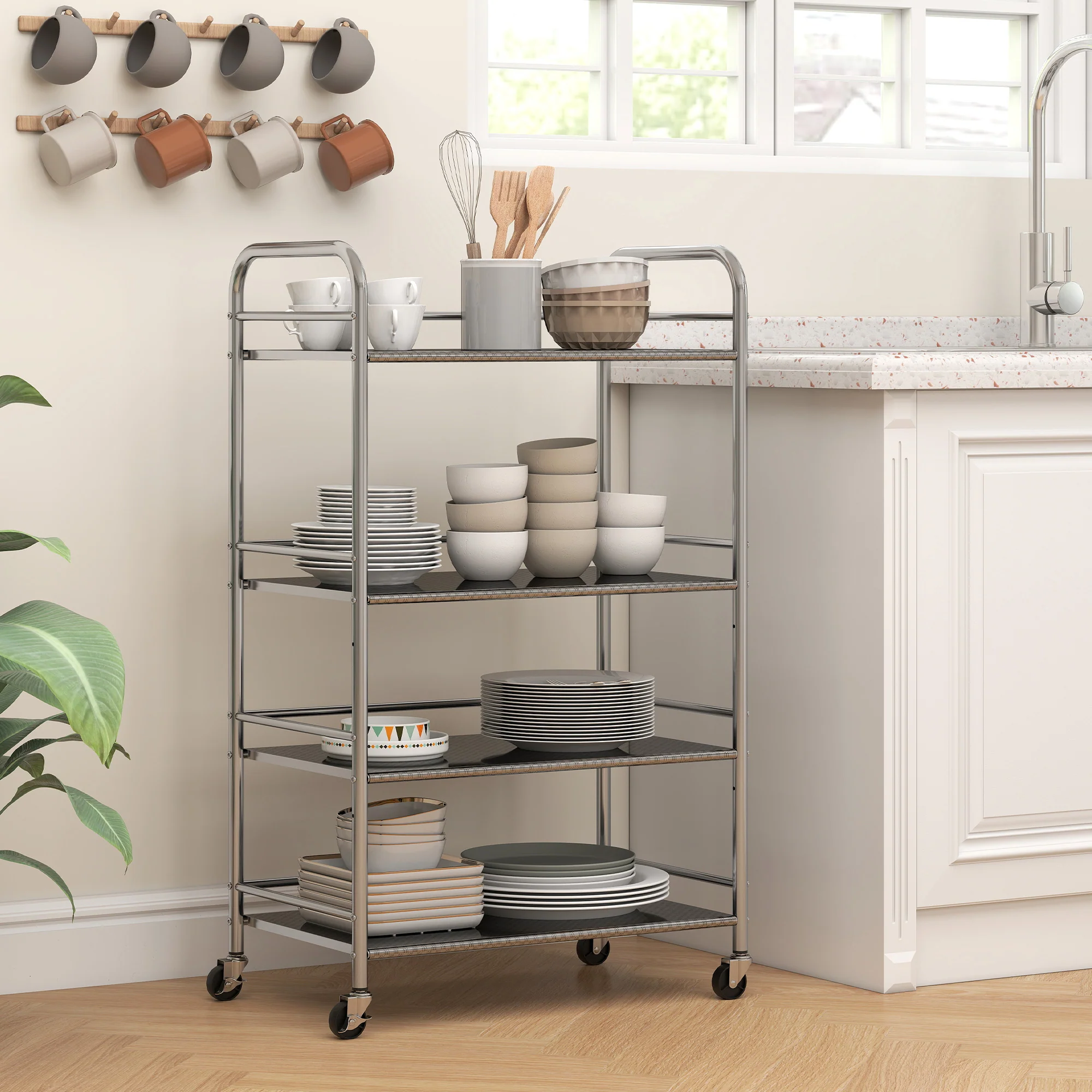 HOMCOM Kitchen Trolley on Wheels Serving Cart with Handles Silver - Image 17
