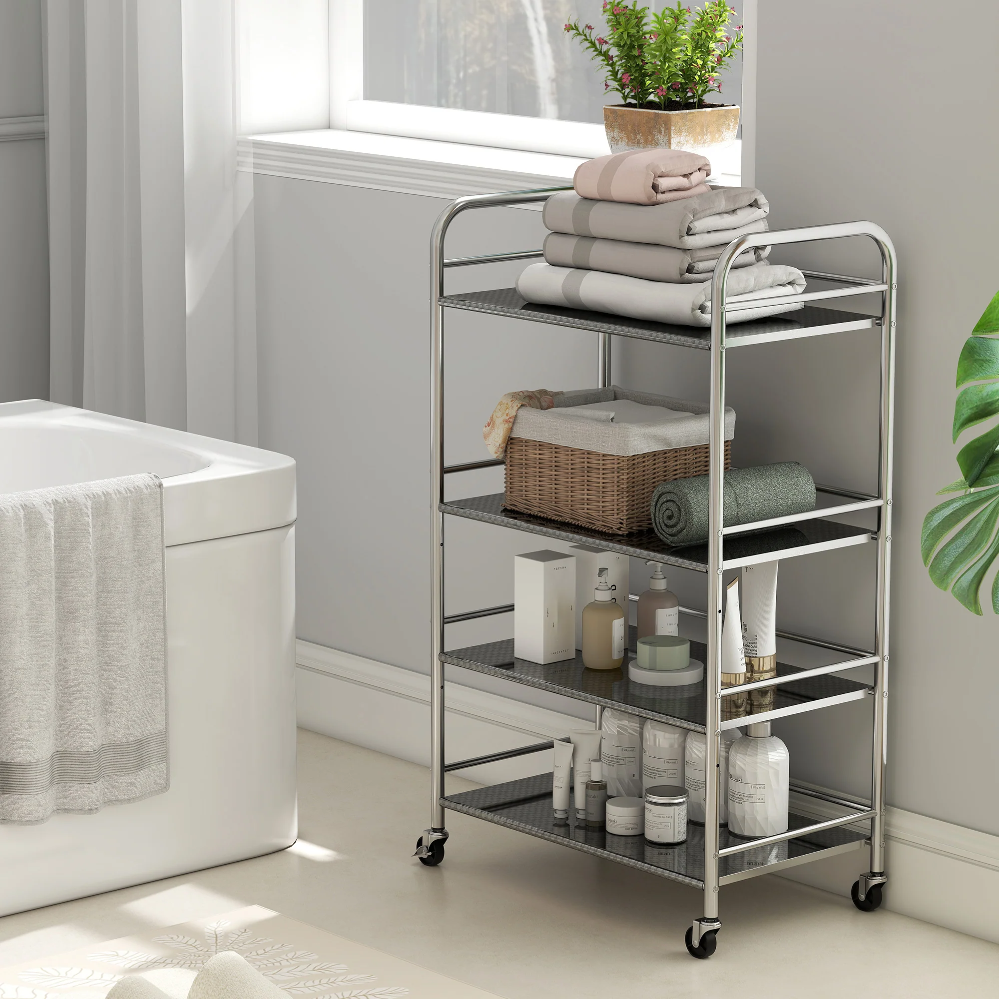 HOMCOM Kitchen Trolley on Wheels Serving Cart with Handles Silver - Image 18