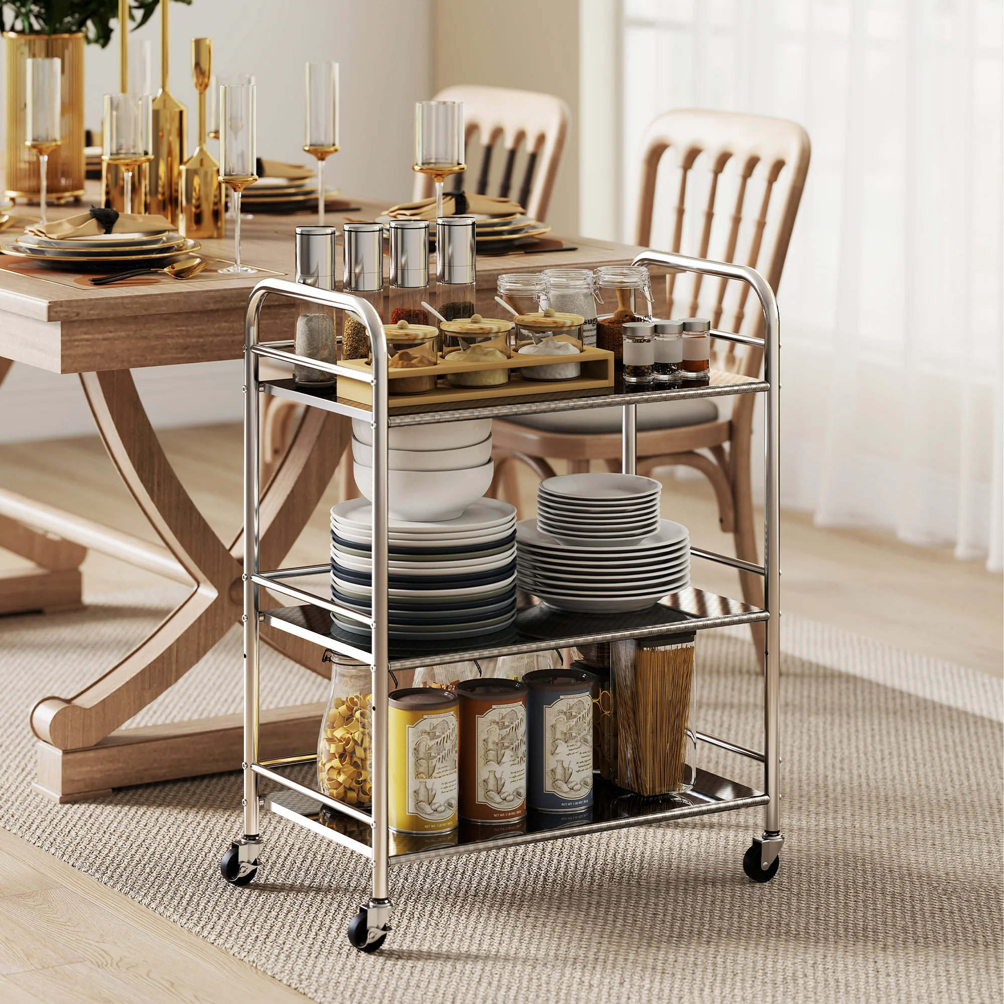 HOMCOM Kitchen Trolley on Wheels Serving Cart with Handles Silver - Image 2