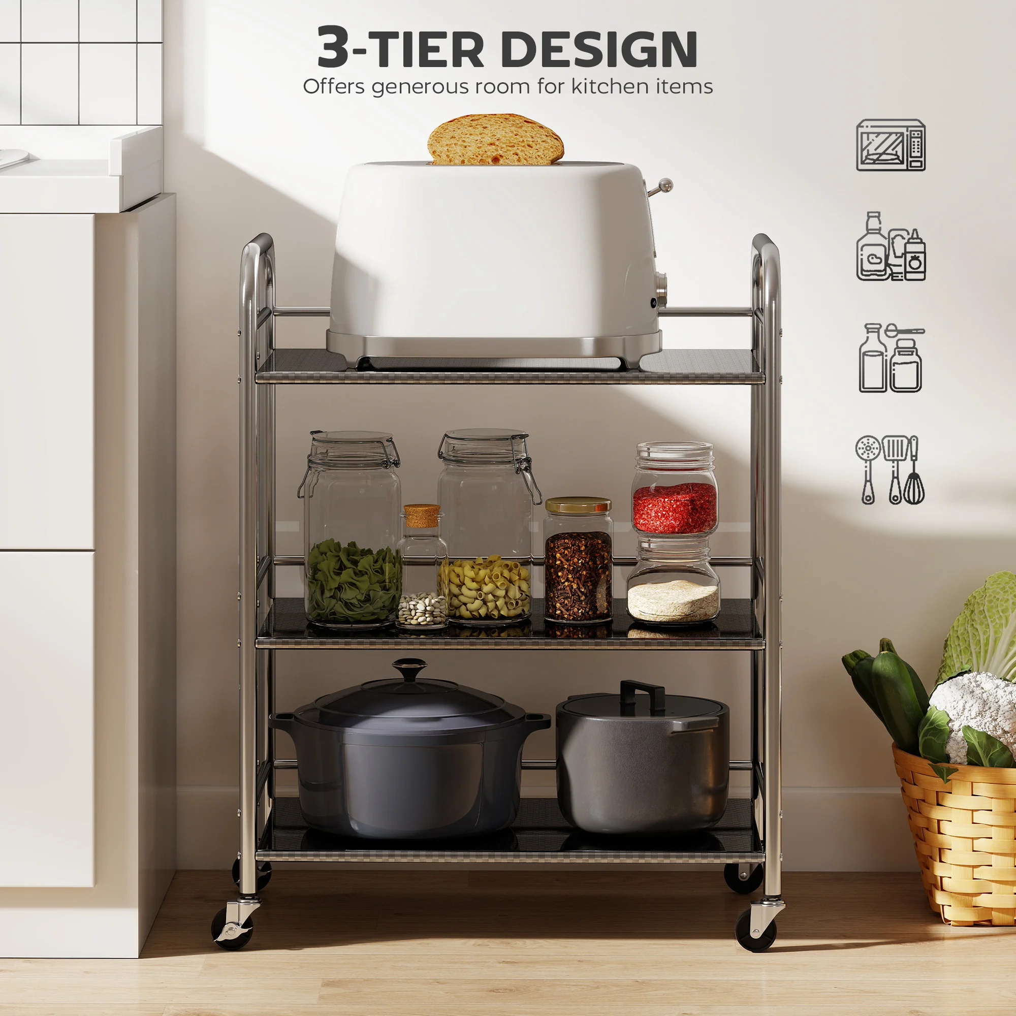 HOMCOM Kitchen Trolley on Wheels Serving Cart with Handles Silver - Image 3