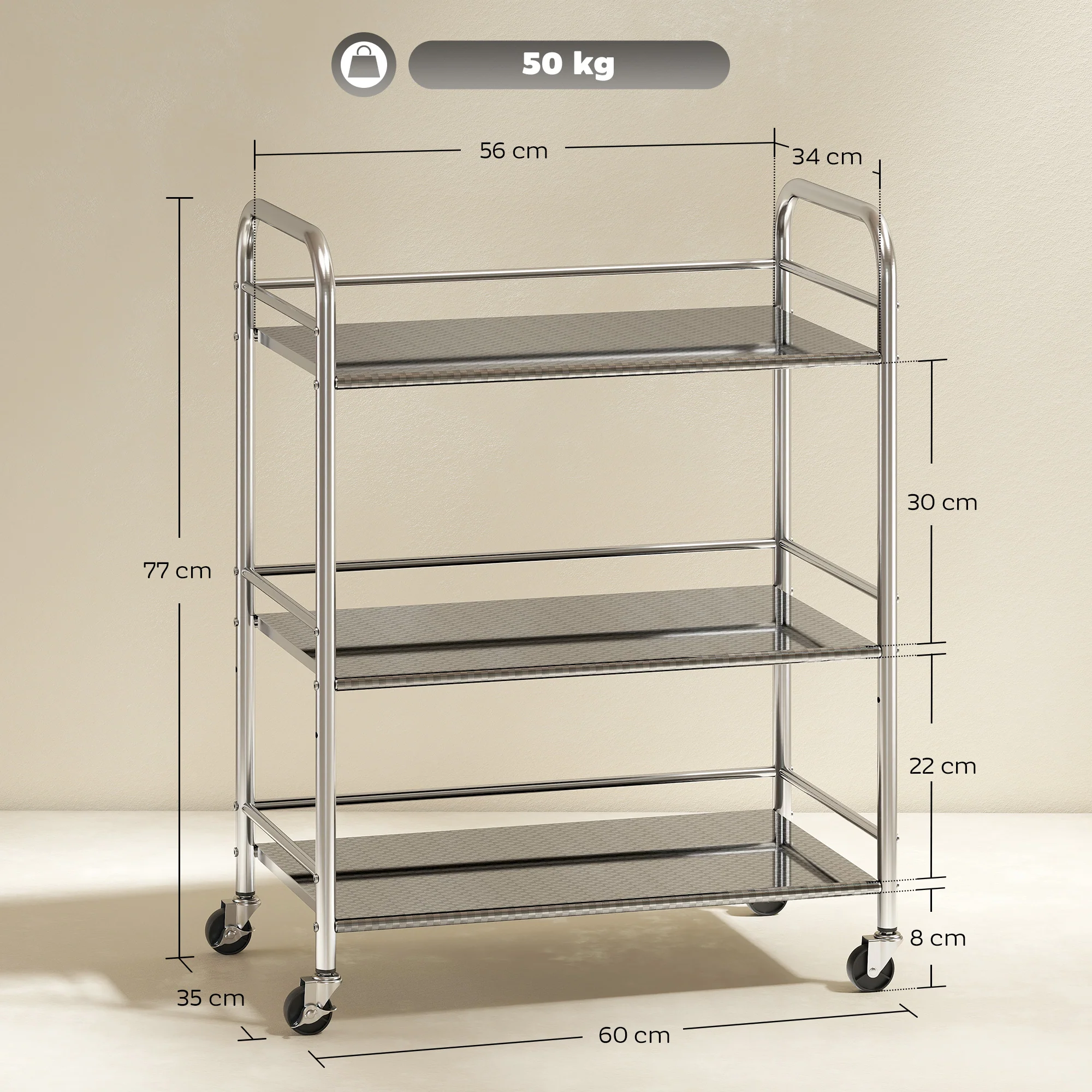 HOMCOM Kitchen Trolley on Wheels Serving Cart with Handles Silver - Image 5