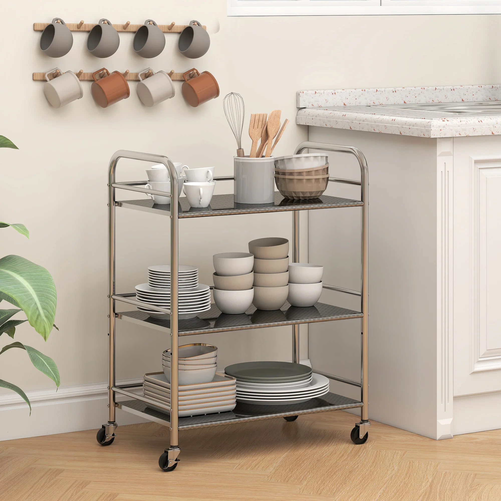 HOMCOM Kitchen Trolley on Wheels Serving Cart with Handles Silver - Image 8