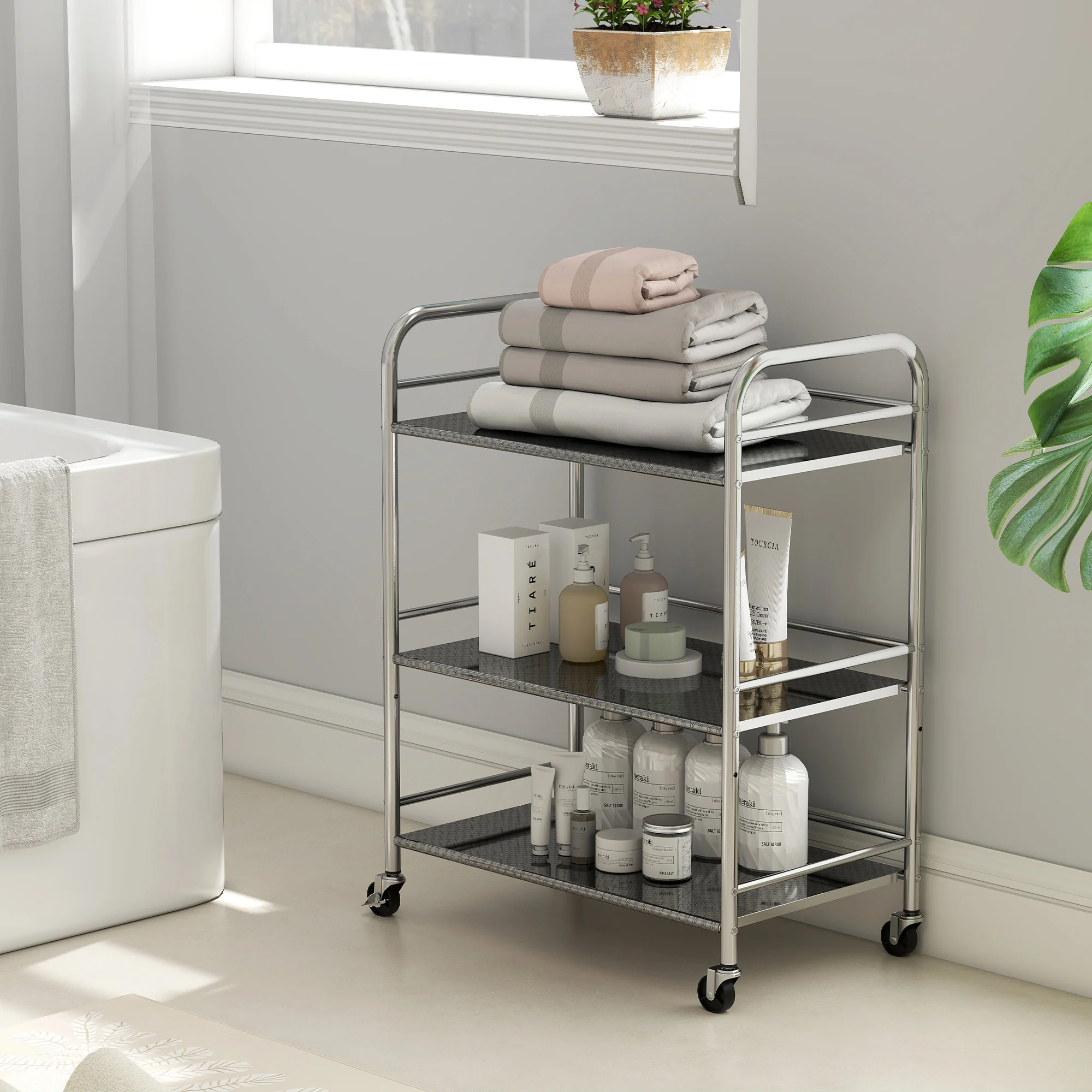 HOMCOM Kitchen Trolley on Wheels Serving Cart with Handles Silver - Image 9
