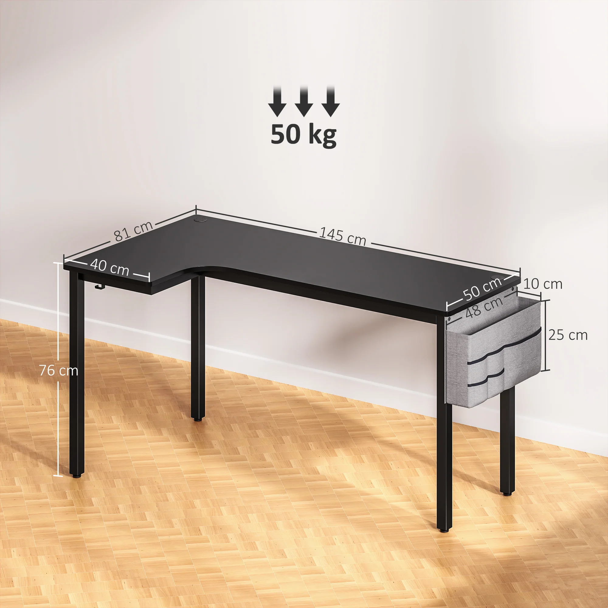 HOMCOM L-Shaped Corner Desk Computer with Fabric Bag and Hooks, Black - Image 5