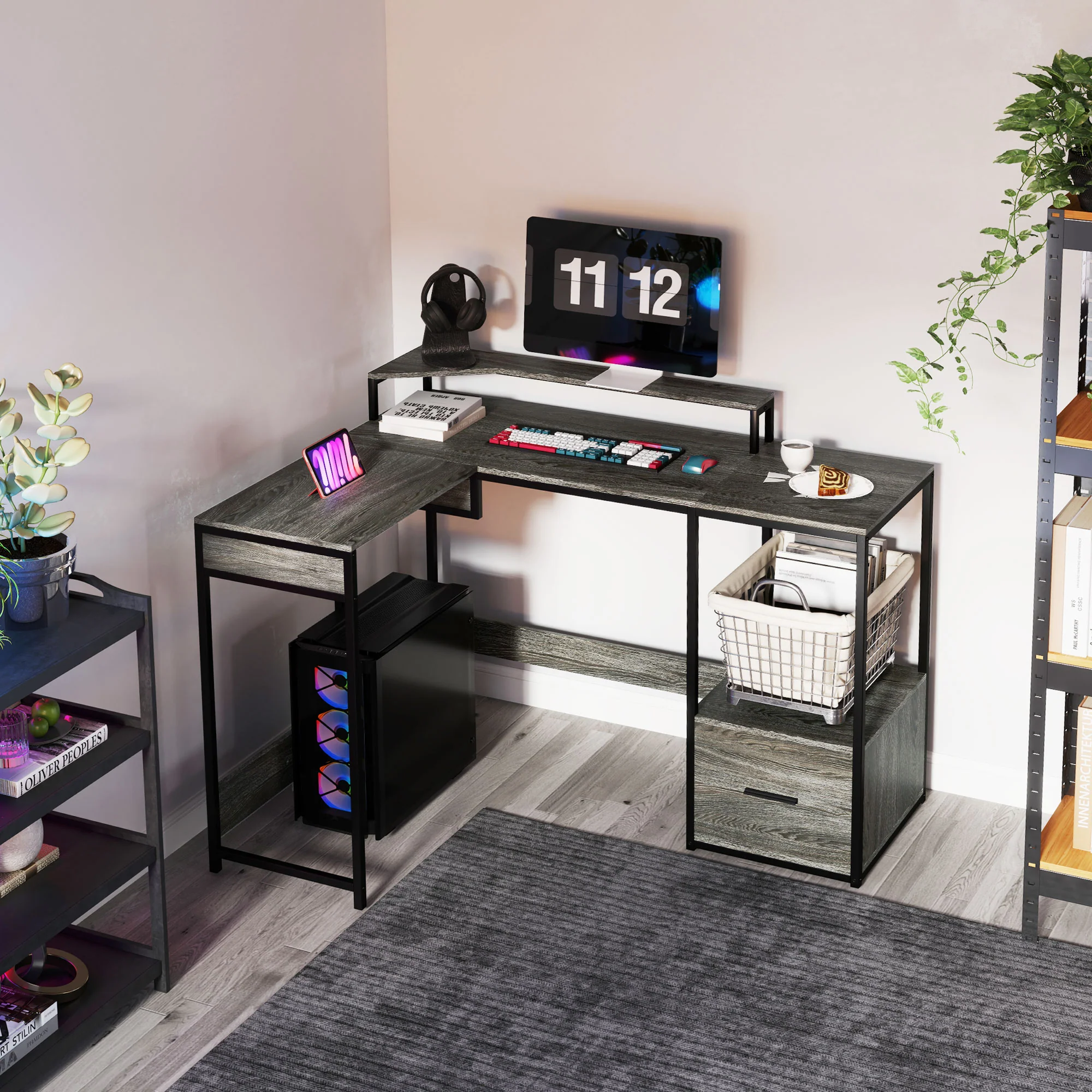 HOMCOM L Shaped Desk, Computer Table With Liftable Desktop - Image 2