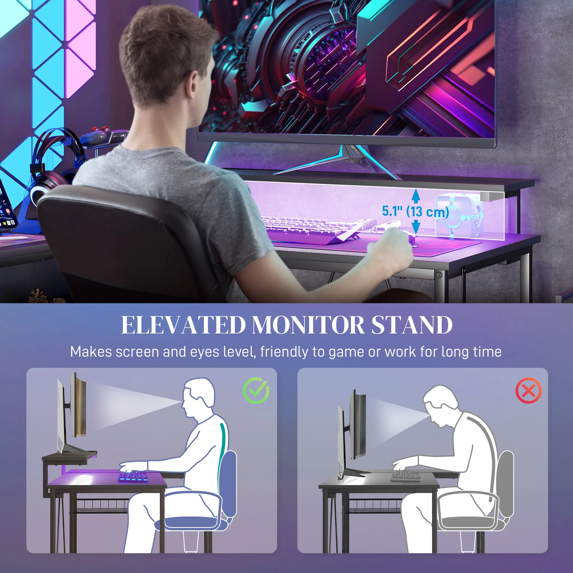 HOMCOM L Shaped Desk With LED Lights Reversible Corner Gaming Desk With Storage - Image 7