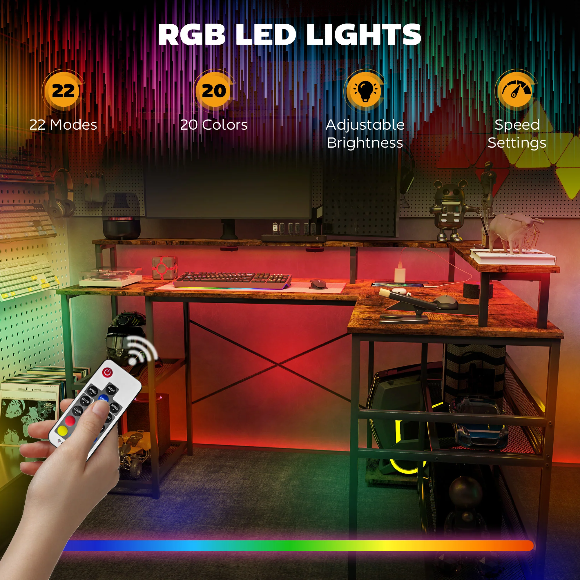 HOMCOM L Shaped Gaming Desk w/ LED Lights and Power Outlets for Small Space - Image 3