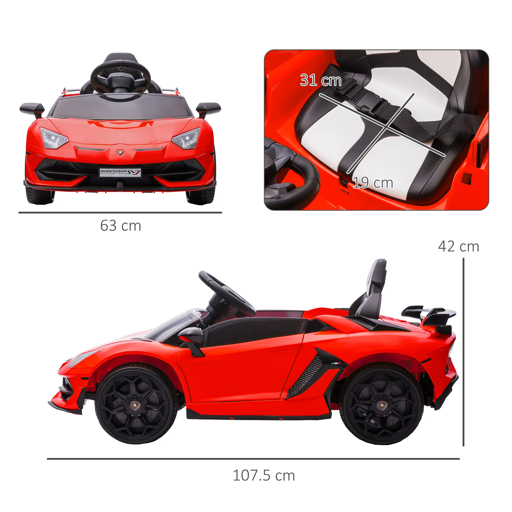 HOMCOM Lamborghini Aventador Licensed 12V Kids Electric Ride On Car - Red - Image 5