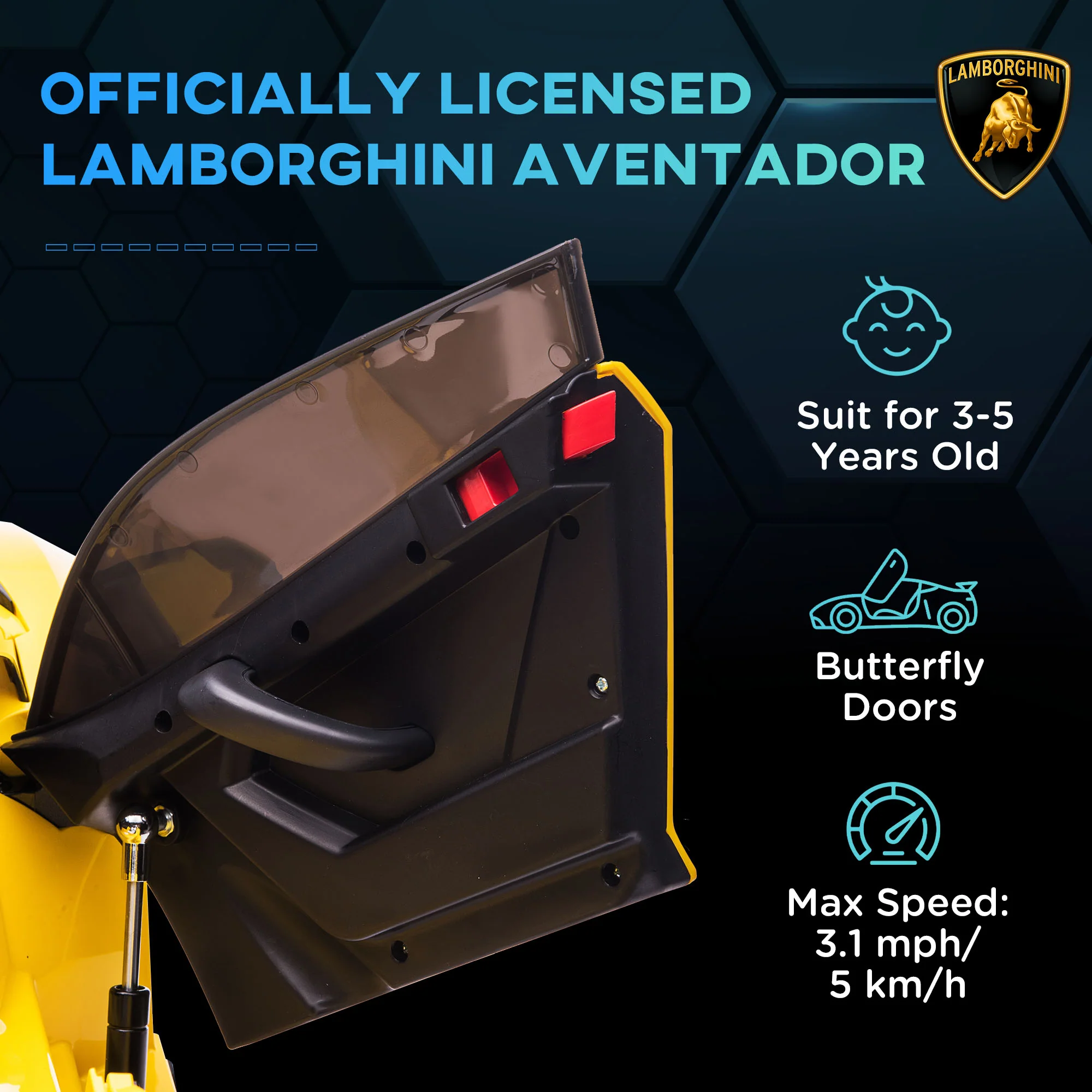 HOMCOM Lamborghini Aventador Licensed 12V Kids Electric Ride On Car - Yellow - Image 3