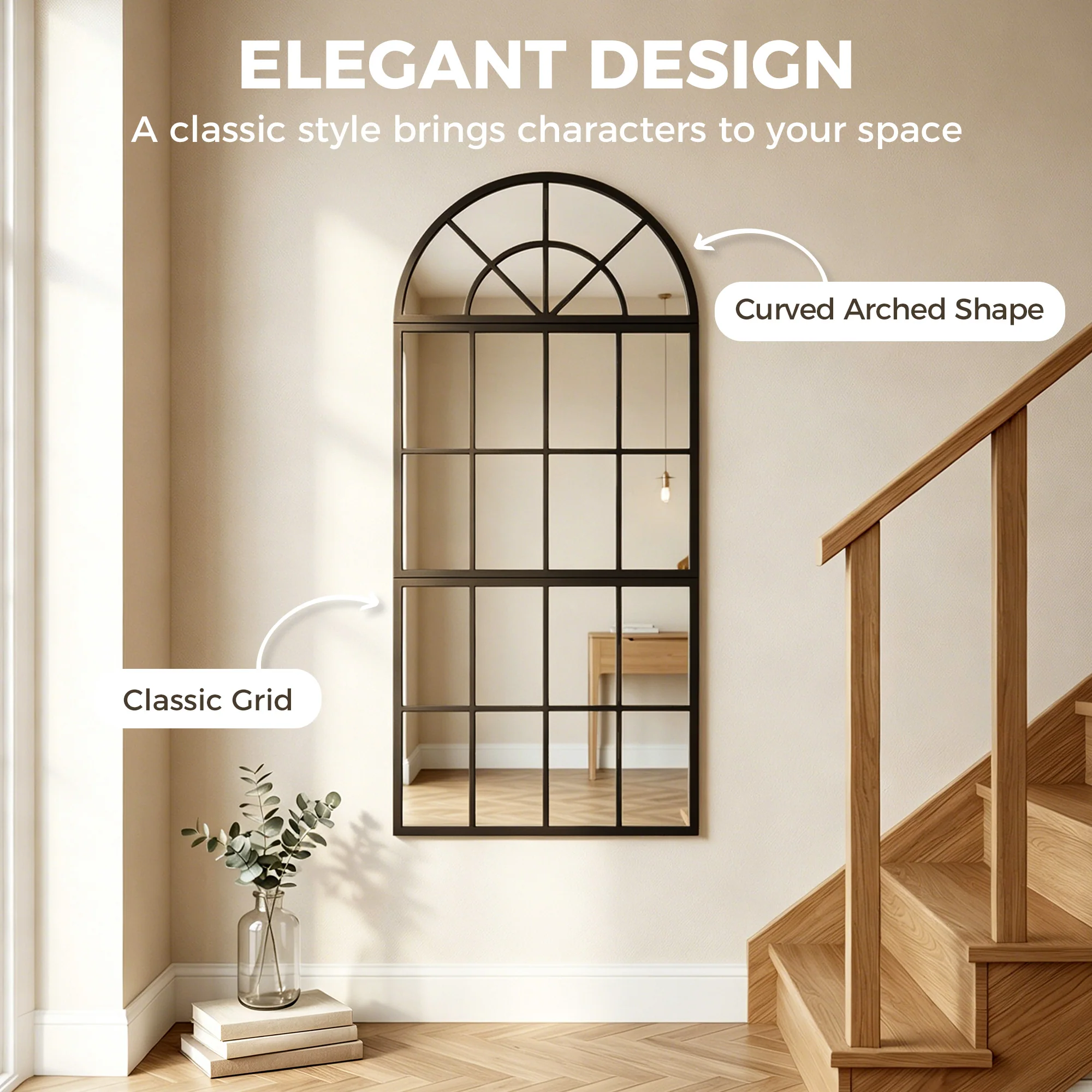 HOMCOM Large Arched Wall Mirror with 3-Piece and Tempered Glass - Image 3