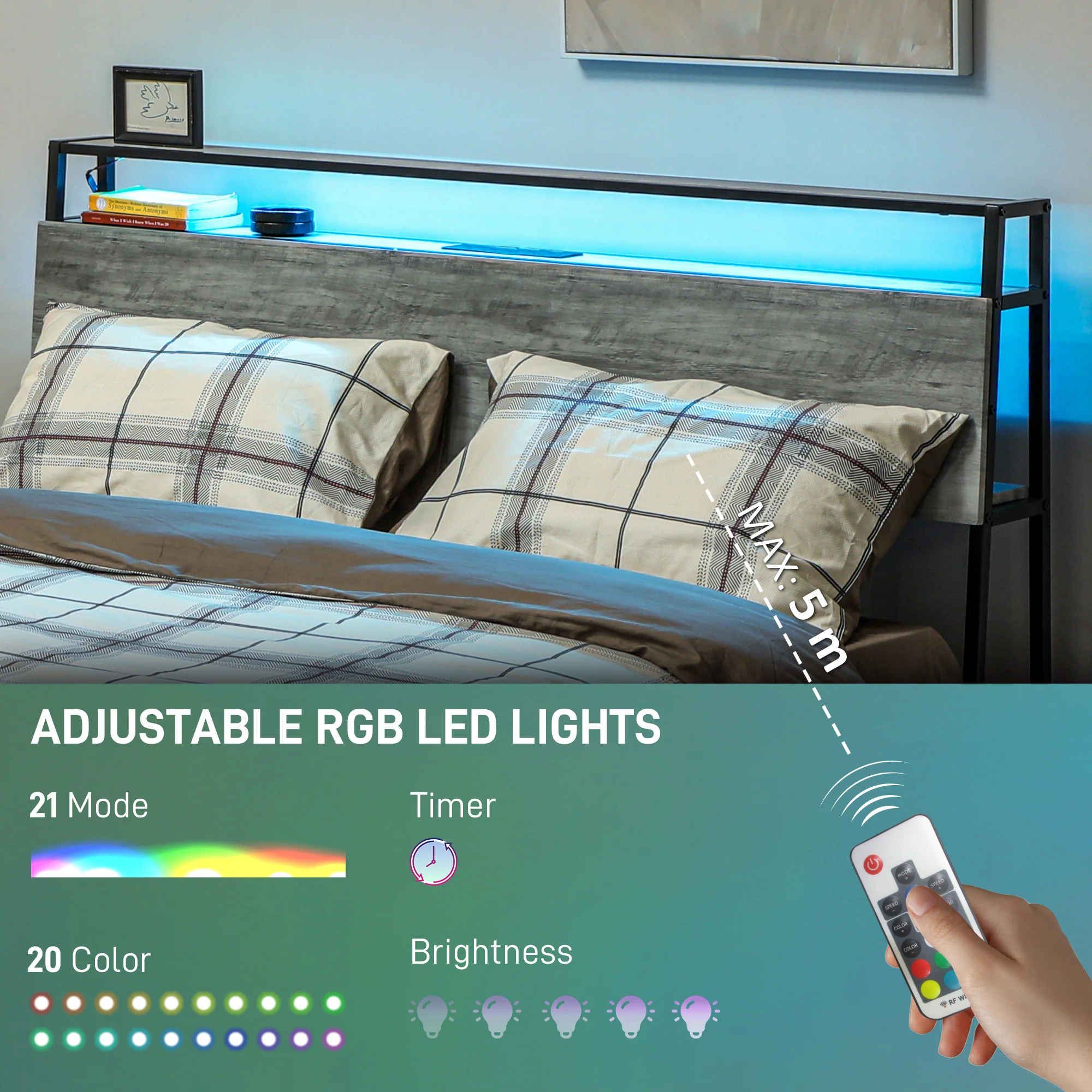 HOMCOM LED Cement Grey Bed Frame with Charging Station - Image 12