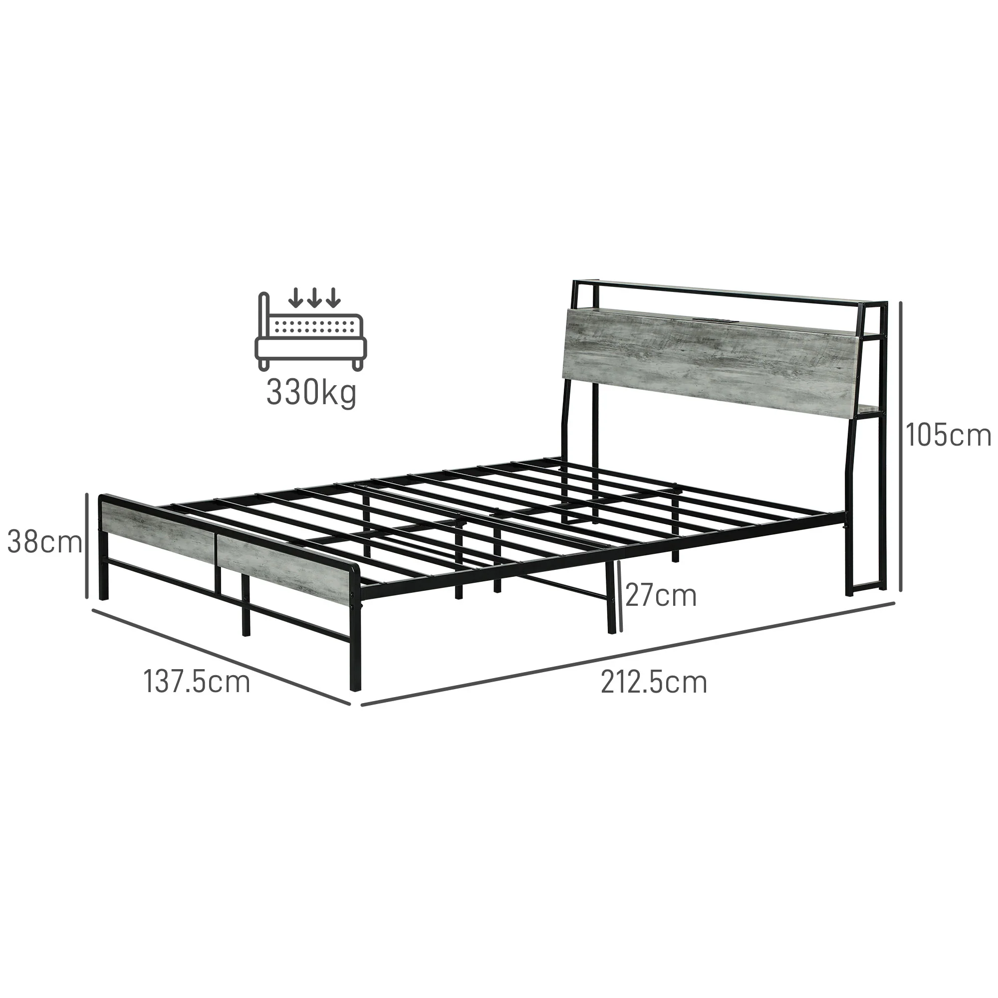 HOMCOM LED Cement Grey Bed Frame with Charging Station - Image 14