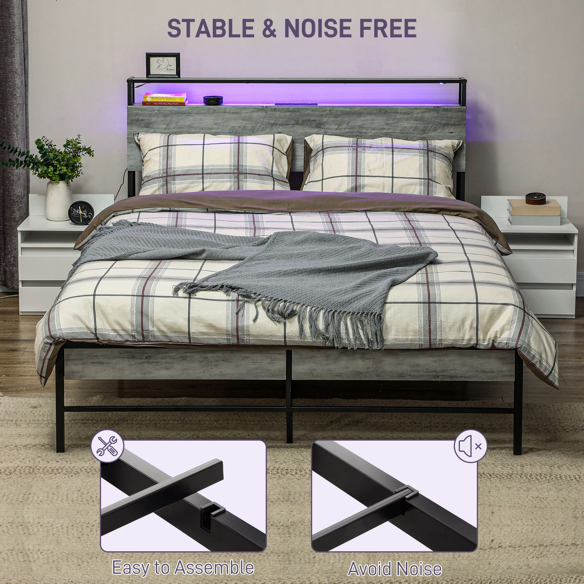 HOMCOM LED Cement Grey Bed Frame with Charging Station - Image 15