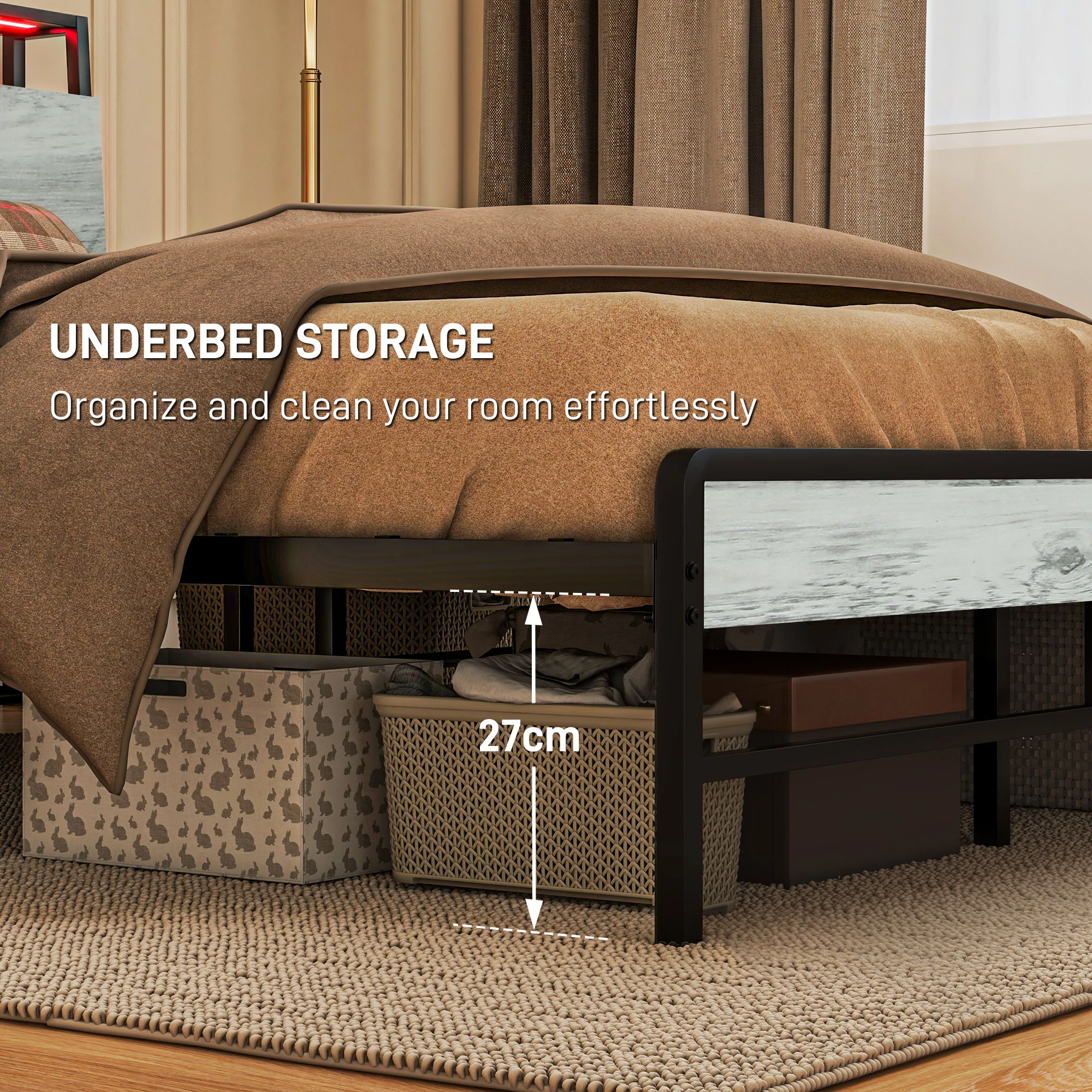 HOMCOM LED Cement Grey Bed Frame with Charging Station - Image 16