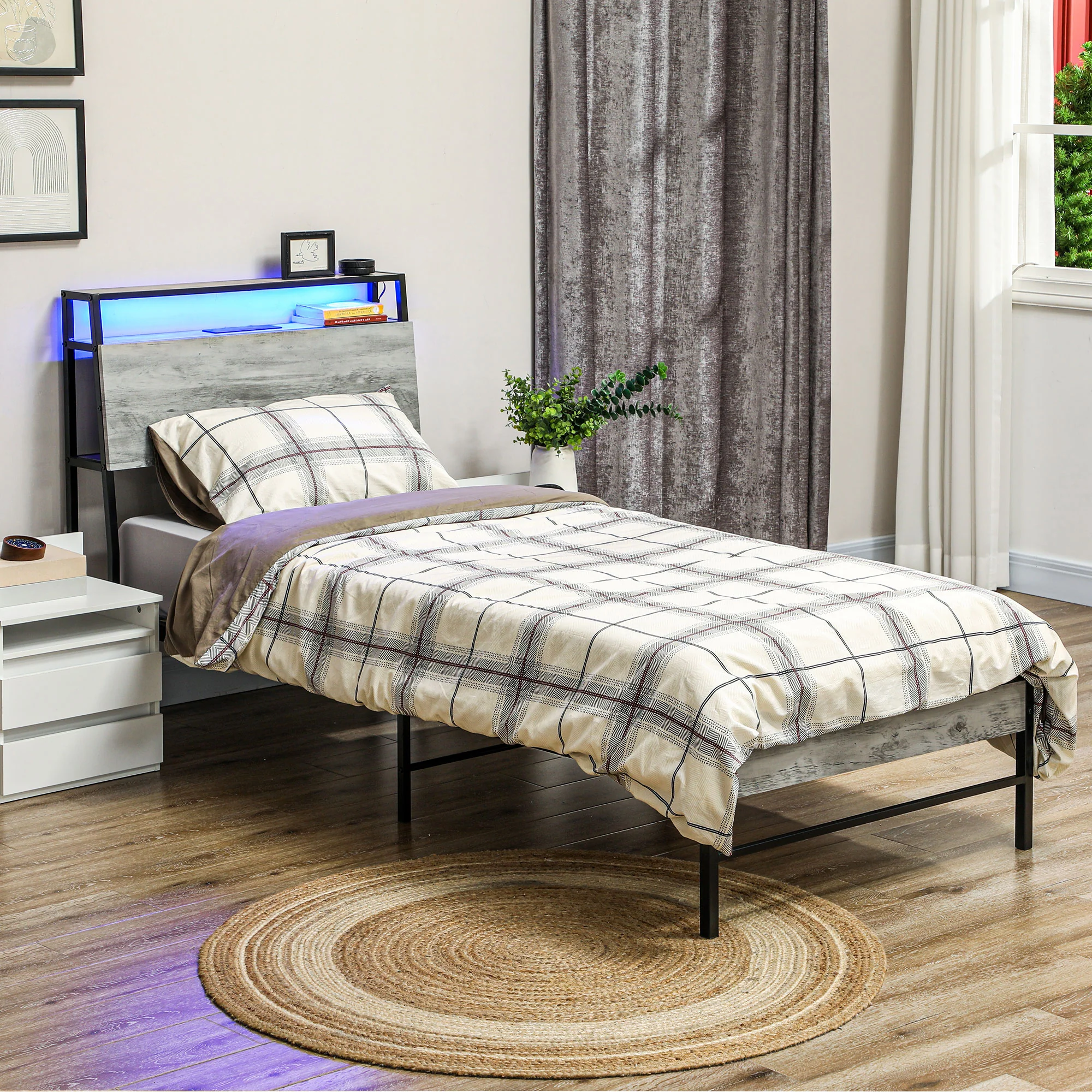 HOMCOM LED Cement Grey Bed Frame with Charging Station - Image 2