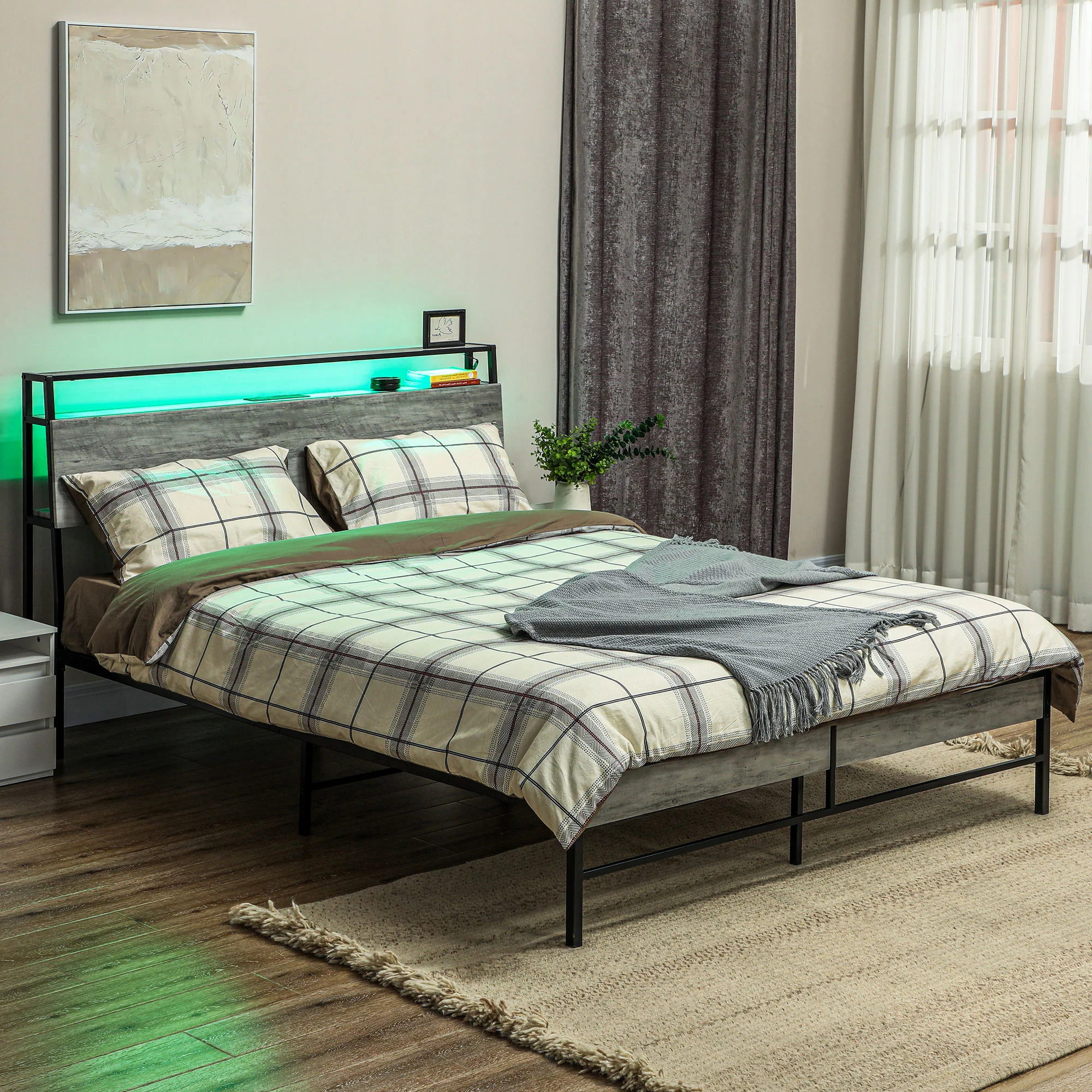 HOMCOM LED Cement Grey Bed Frame with Charging Station - Image 20