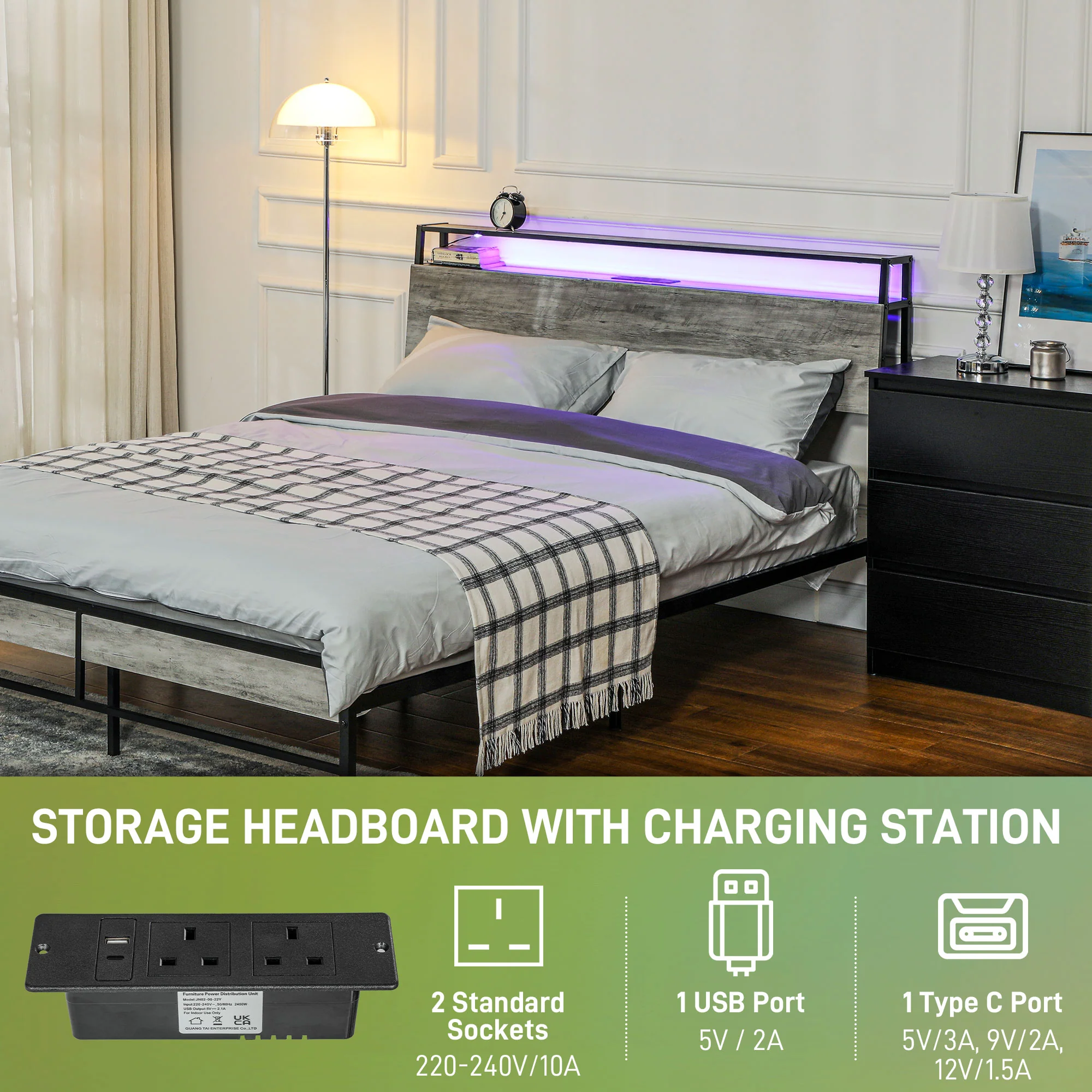 HOMCOM LED Cement Grey Bed Frame with Charging Station - Image 22