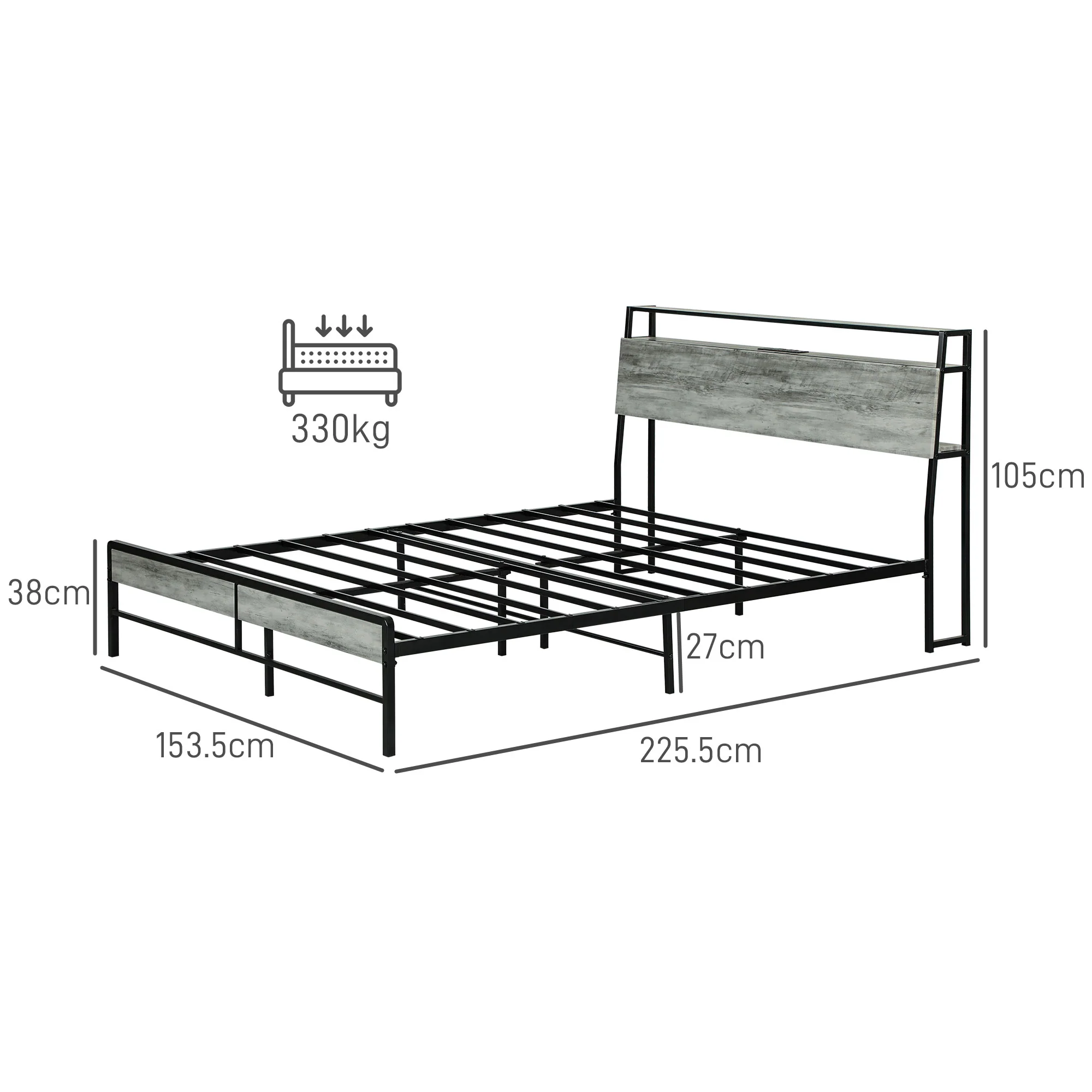 HOMCOM LED Cement Grey Bed Frame with Charging Station - Image 23