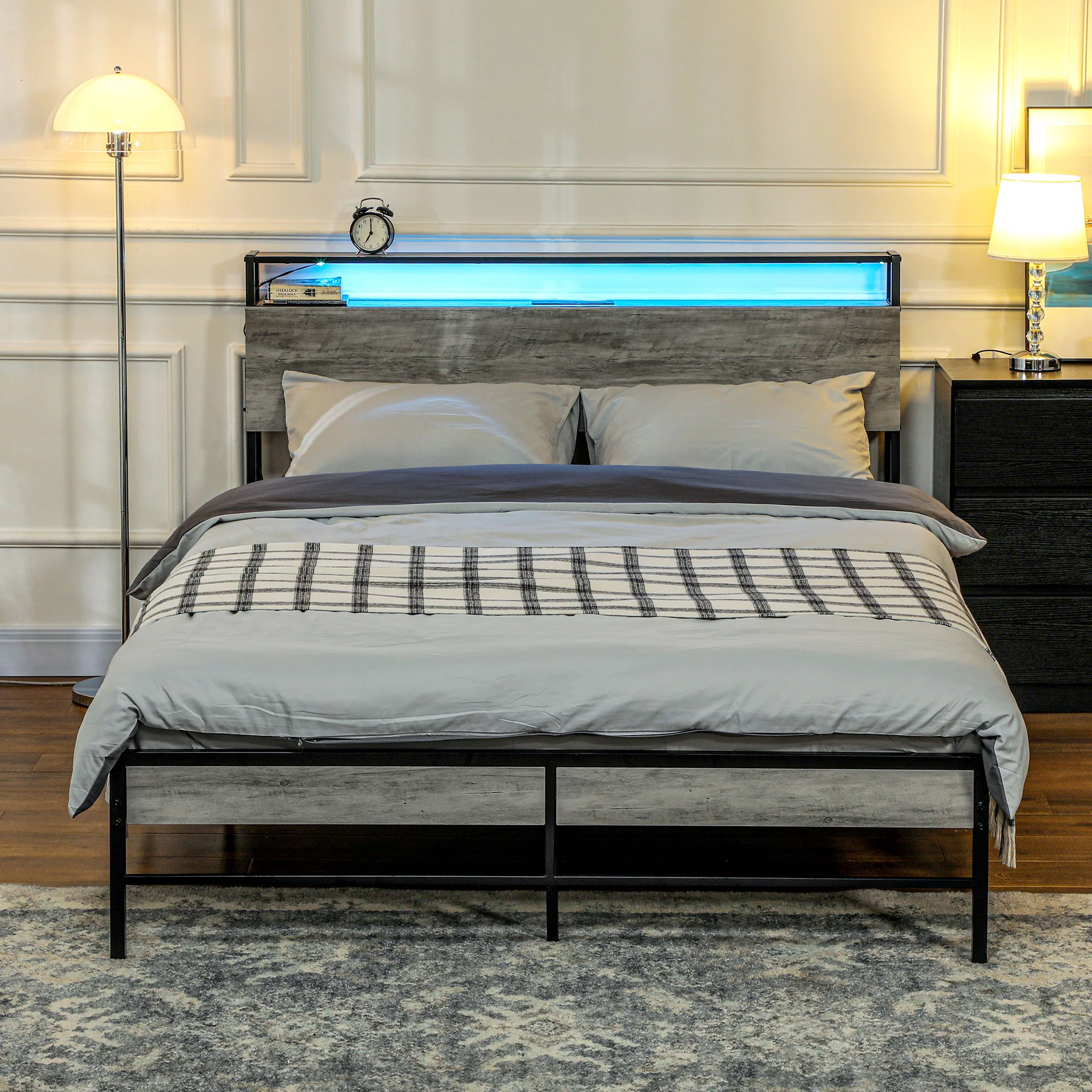 HOMCOM LED Cement Grey Bed Frame with Charging Station - Image 26