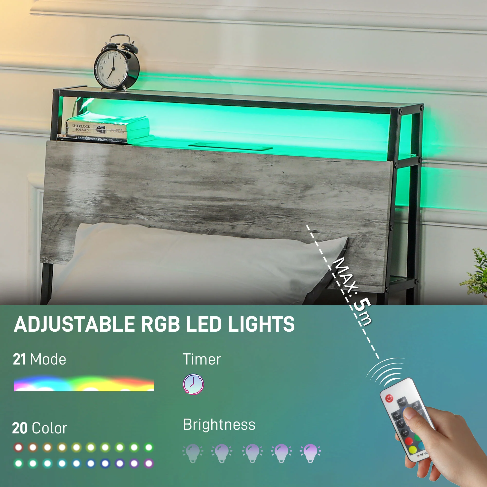 HOMCOM LED Cement Grey Bed Frame with Charging Station - Image 3